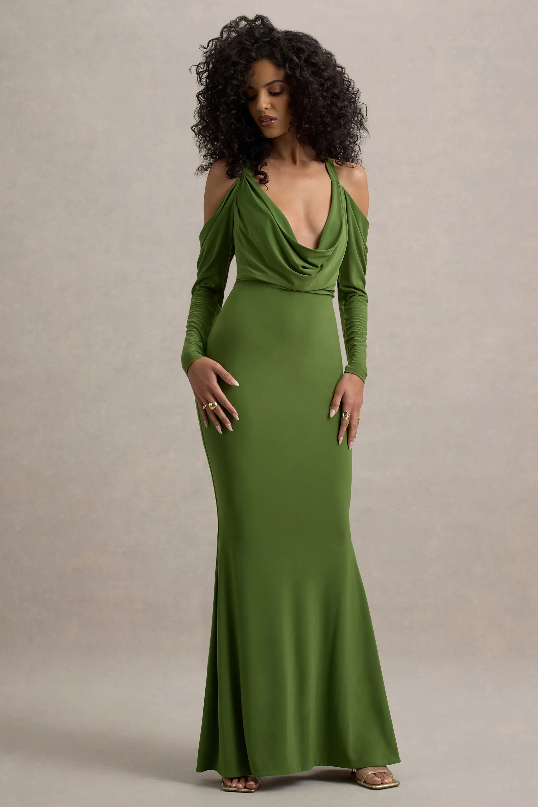 Hurghada | Green Plunge-Neck Long-Sleeve Maxi Dress Club L London