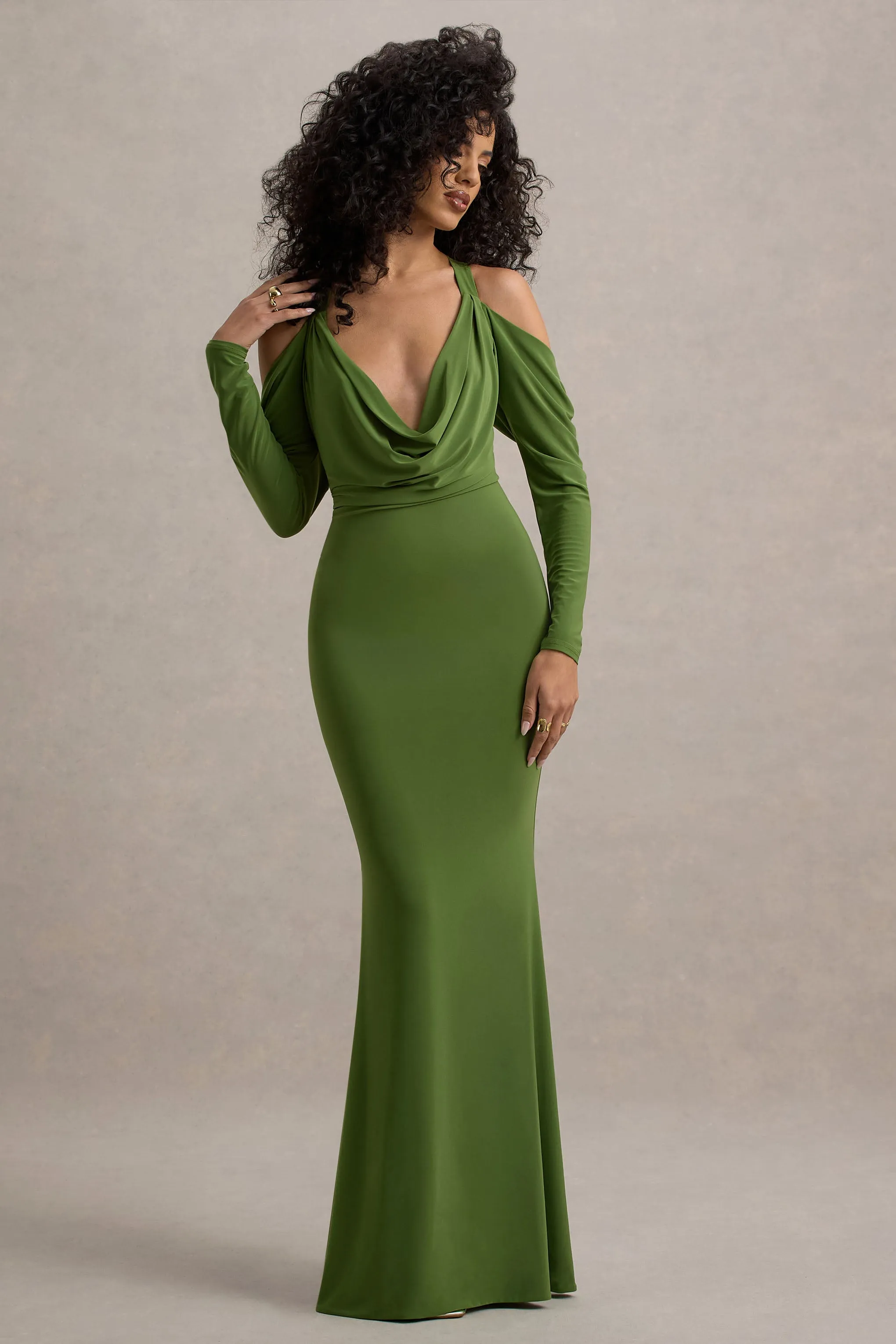 Hurghada | Green Plunge-Neck Long-Sleeve Maxi Dress Club L London