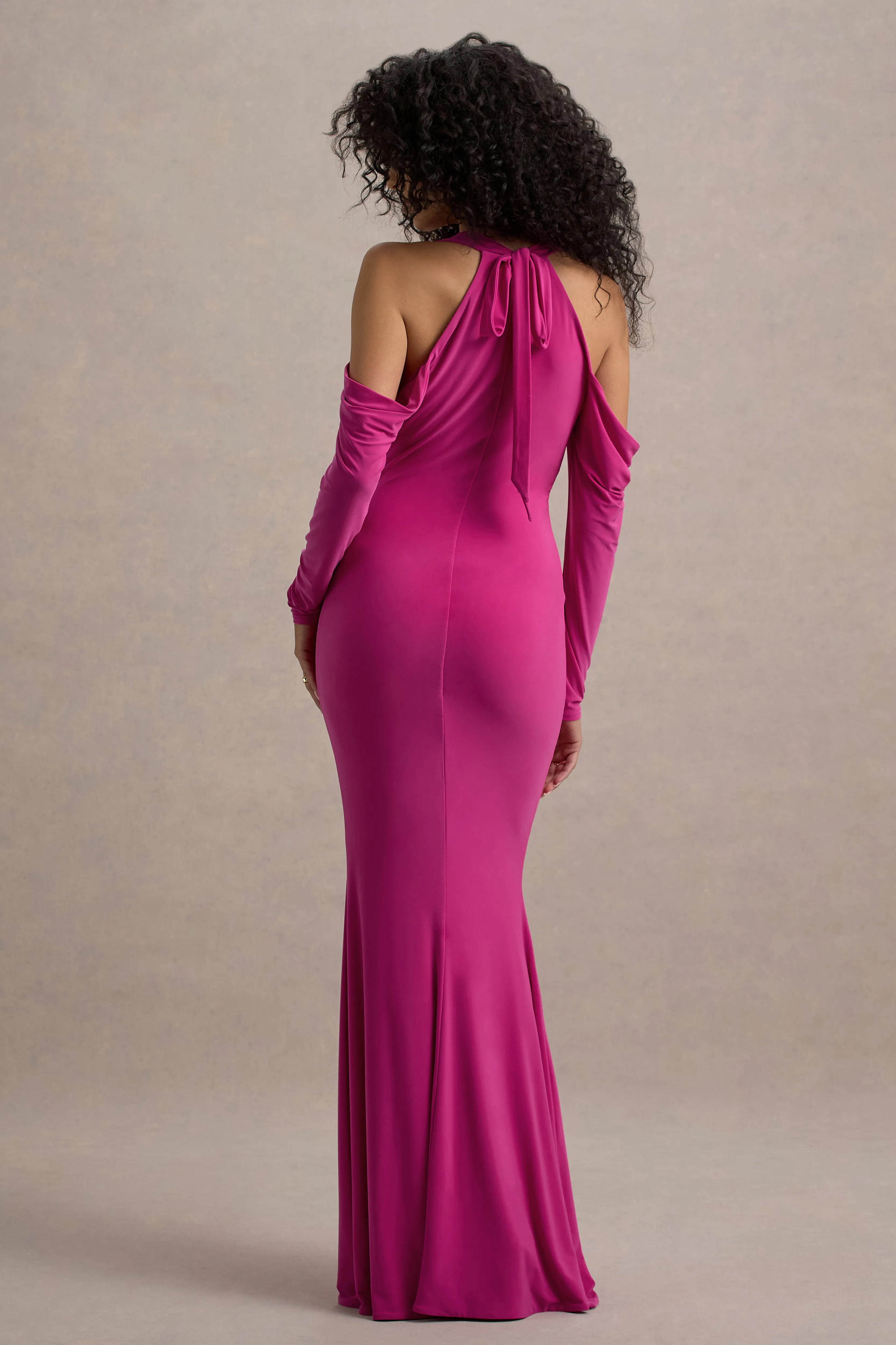 Hurghada | Hot Pink Plunge-Neck Long-Sleeve Maxi Dress Club L London