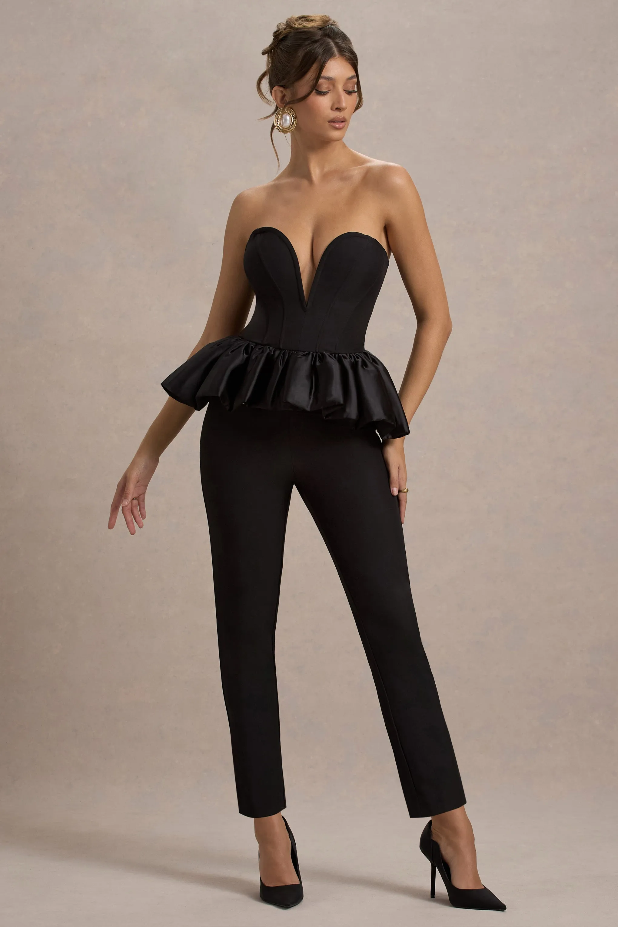 Idaho | Black Sweetheart Corset Jumpsuit With Satin Peplum Club L London
