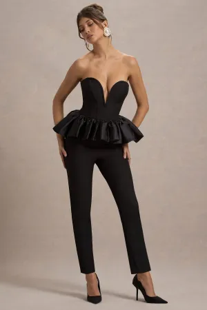 Idaho | Black Sweetheart Corset Jumpsuit With Satin Peplum Club L London