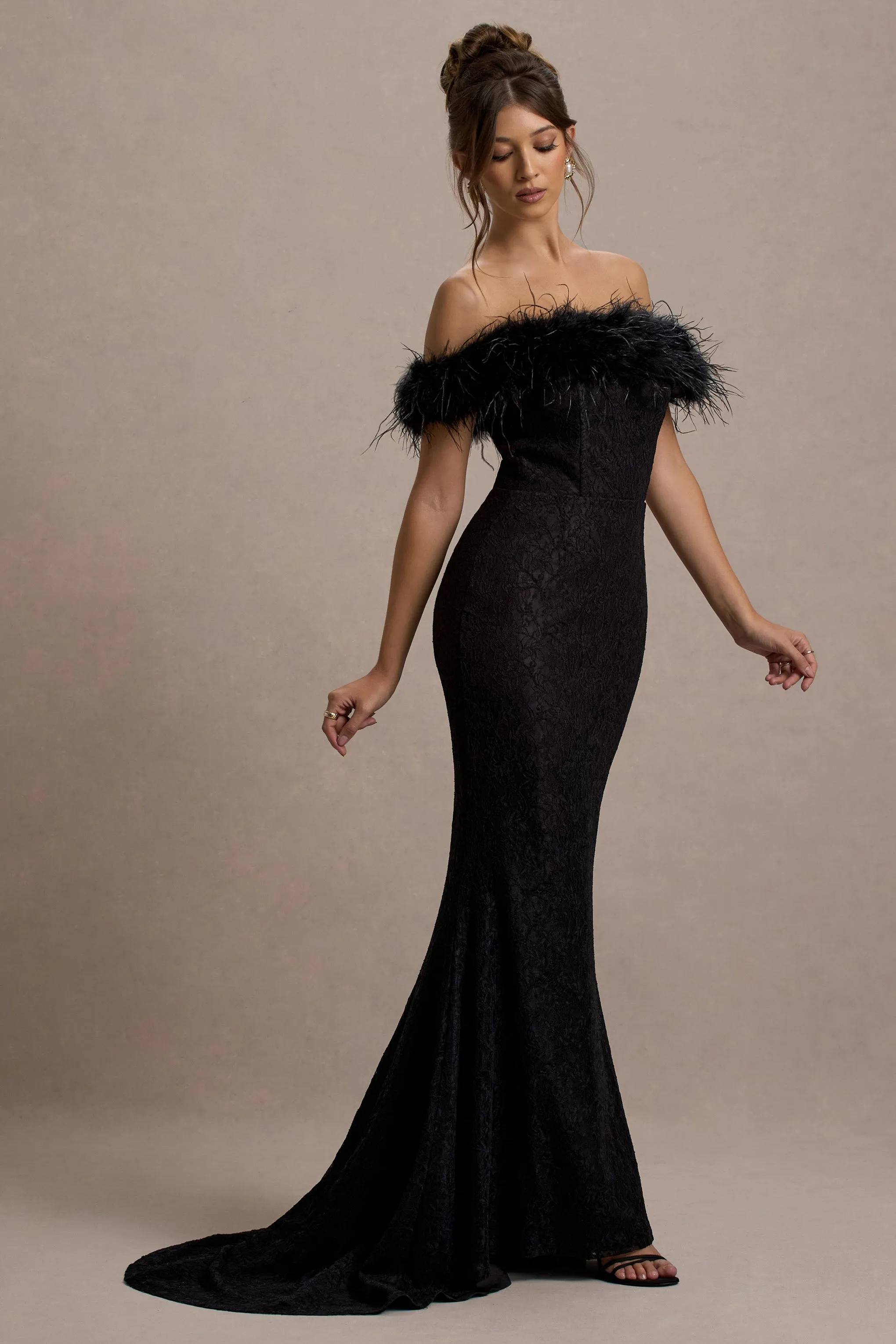 Idyll | Black Lace Bardot Feather Fishtail Maxi Dress Club L London