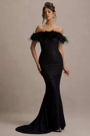Idyll | Black Lace Bardot Feather Fishtail Maxi Dress Club L London