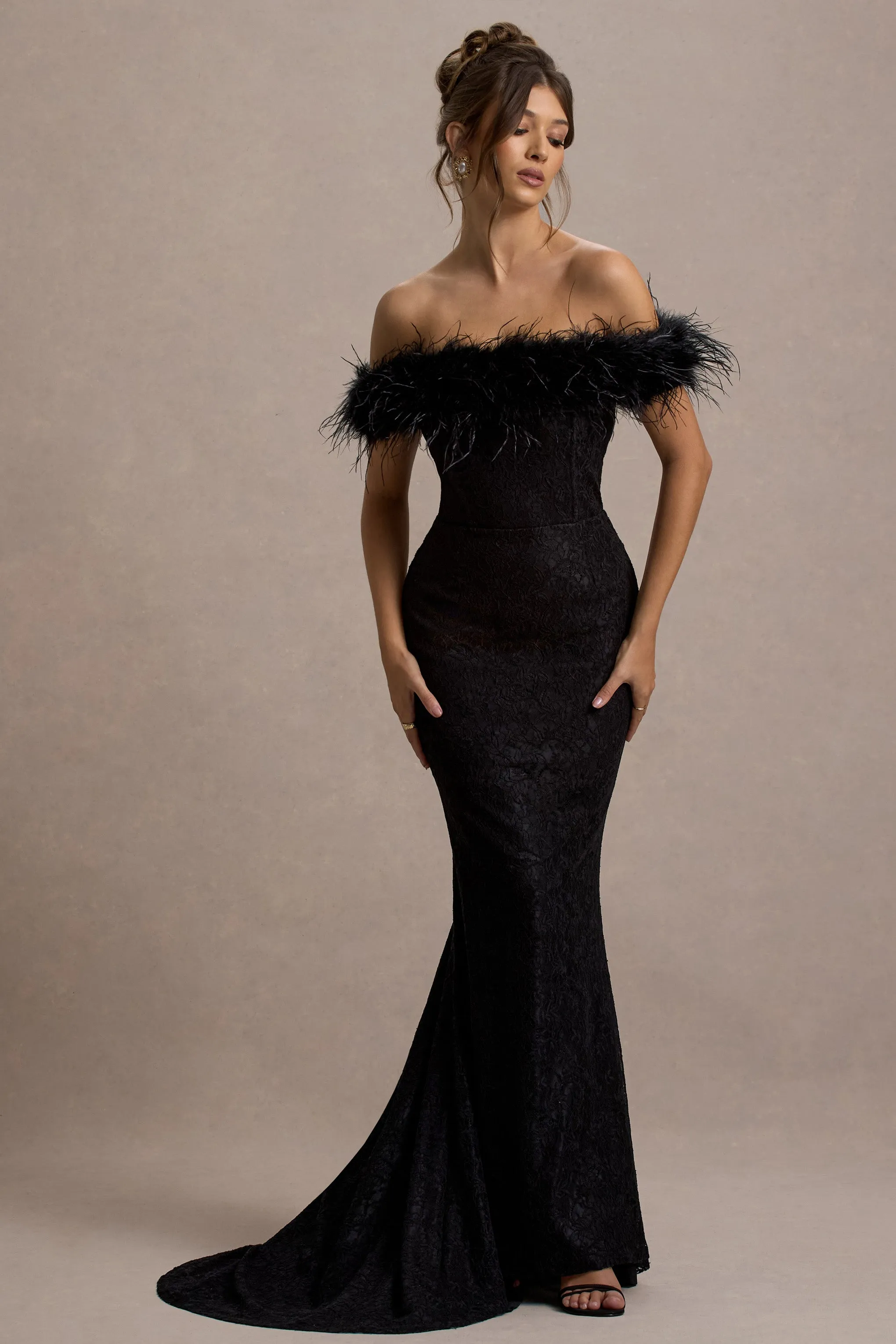 Idyll | Black Lace Bardot Feather Fishtail Maxi Dress Club L London