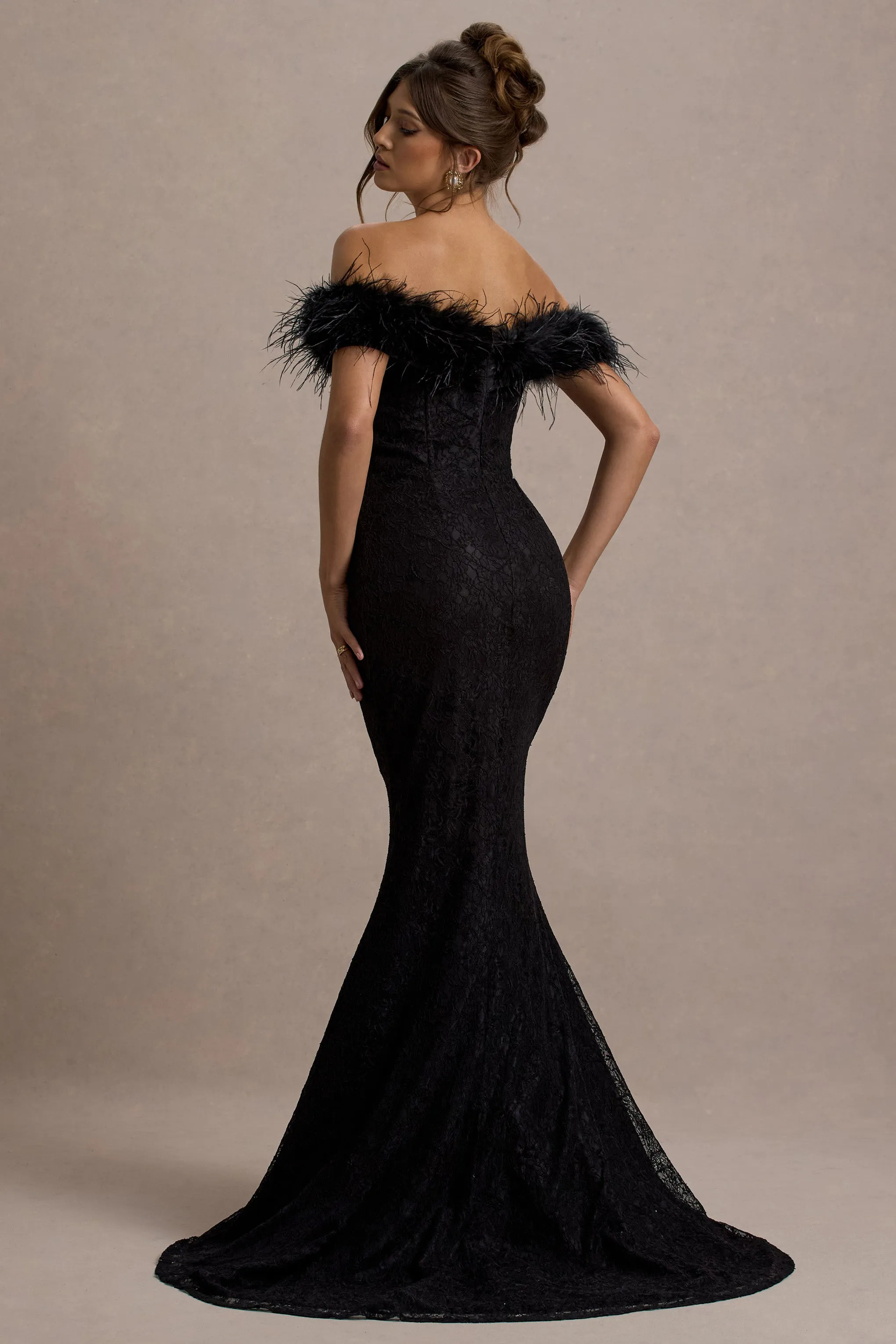 Idyll | Black Lace Bardot Feather Fishtail Maxi Dress Club L London