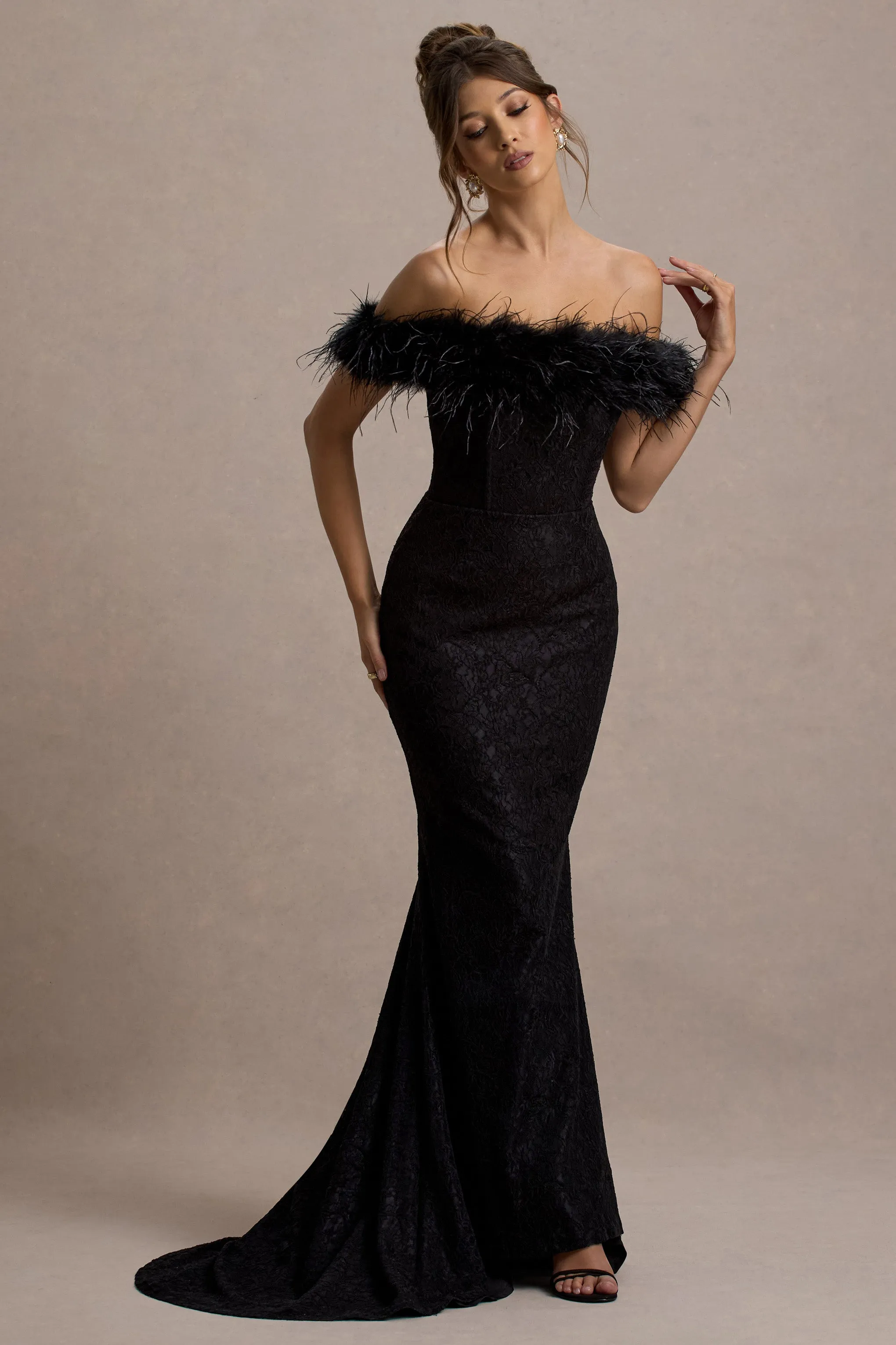Idyll | Black Lace Bardot Feather Fishtail Maxi Dress Club L London