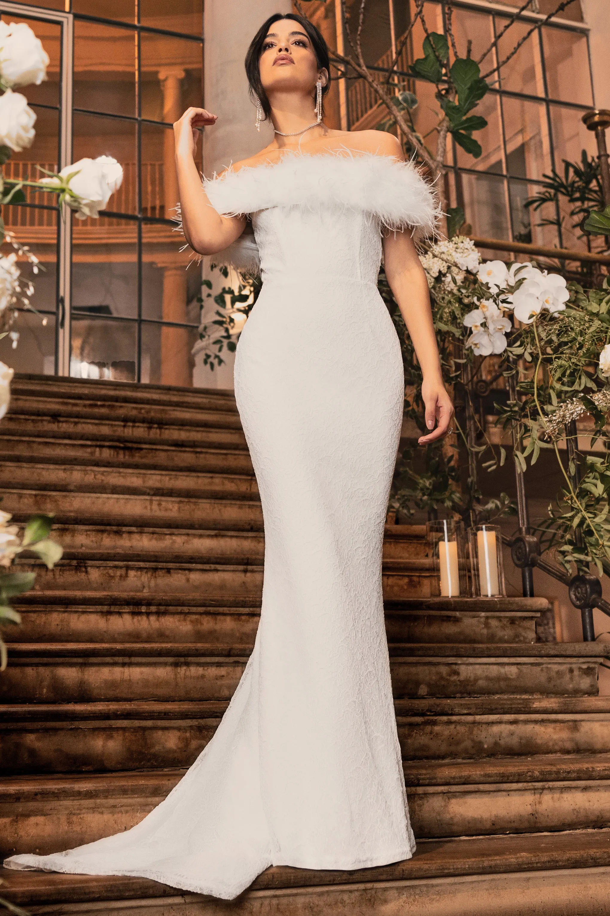 Idyll | White Lace Bardot Feather Fishtail Maxi Dress Club L London