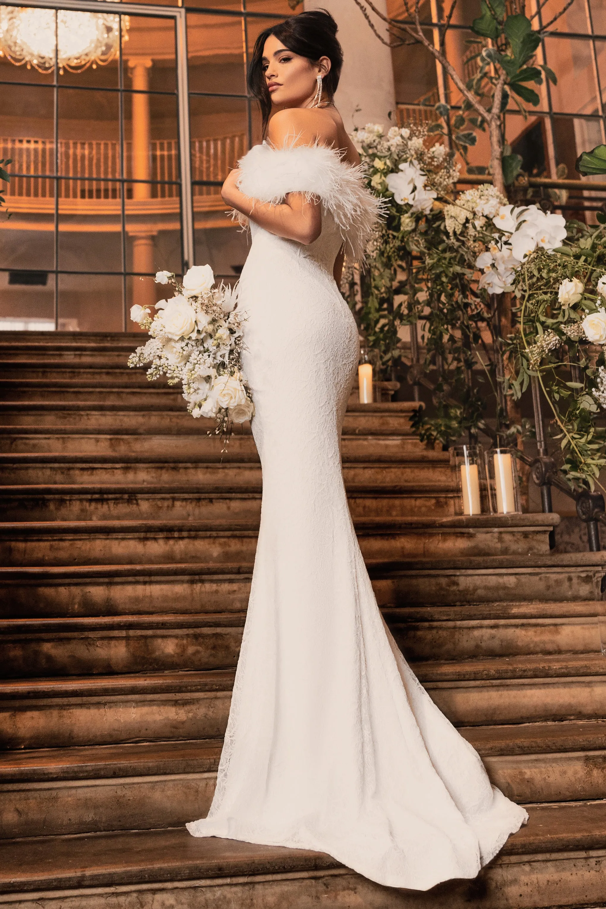 Idyll | White Lace Bardot Feather Fishtail Maxi Dress Club L London