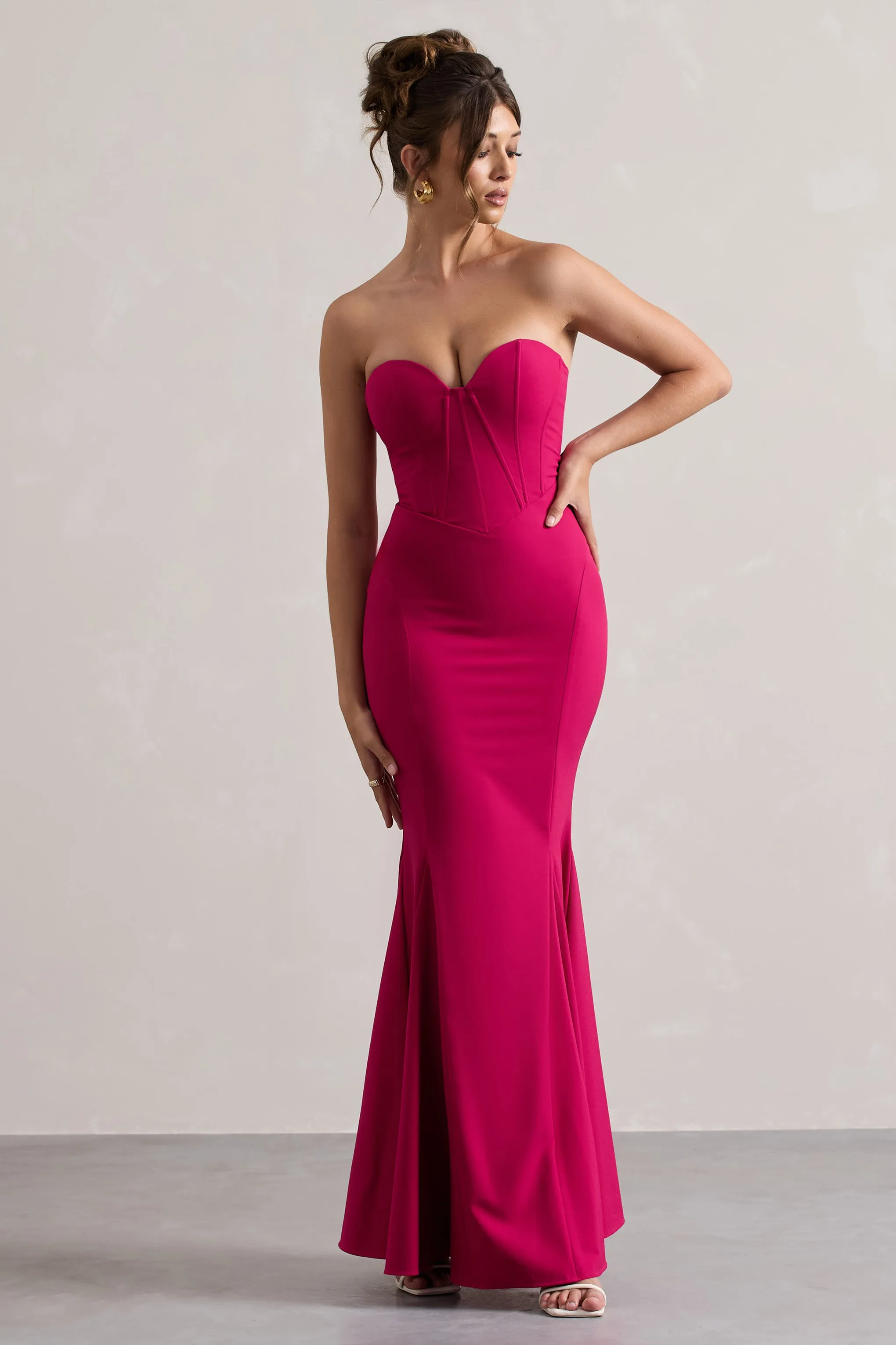 Idyllic | Hot Pink Strapless Corset Style Fishtail Maxi Dress Club L London