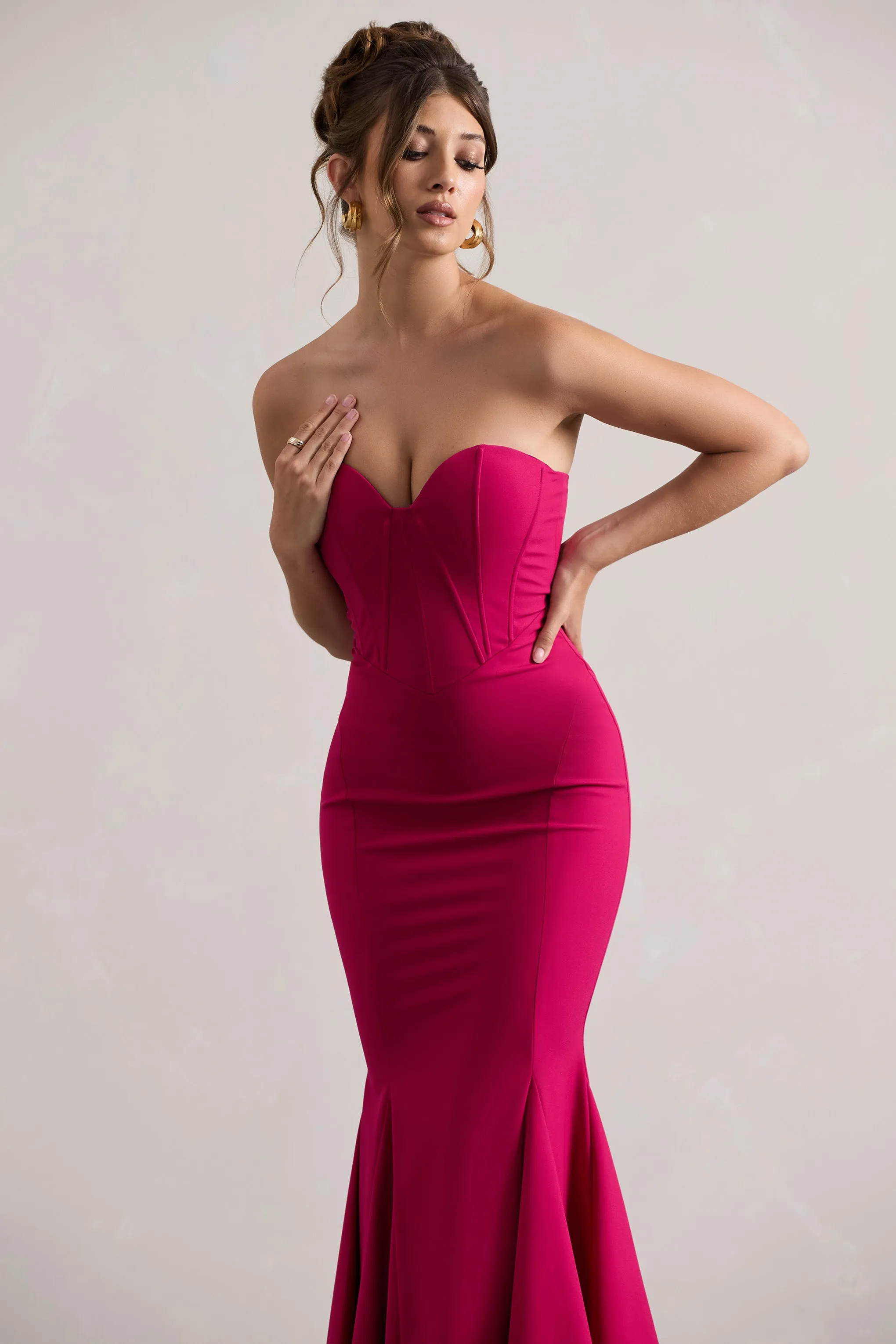 Idyllic | Hot Pink Strapless Corset Style Fishtail Maxi Dress Club L London
