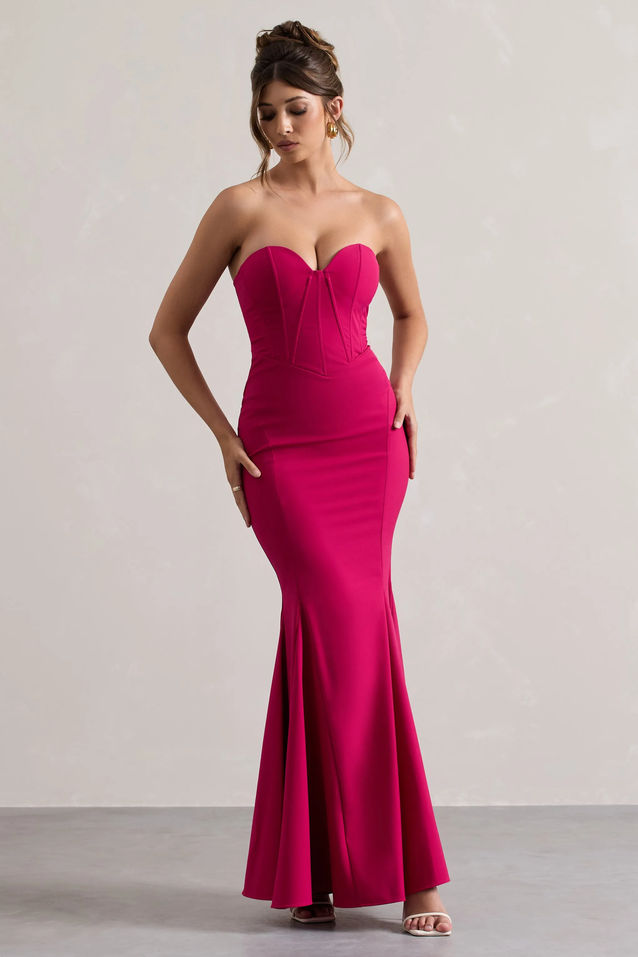 Idyllic | Hot Pink Strapless Corset Style Fishtail Maxi Dress Club L London