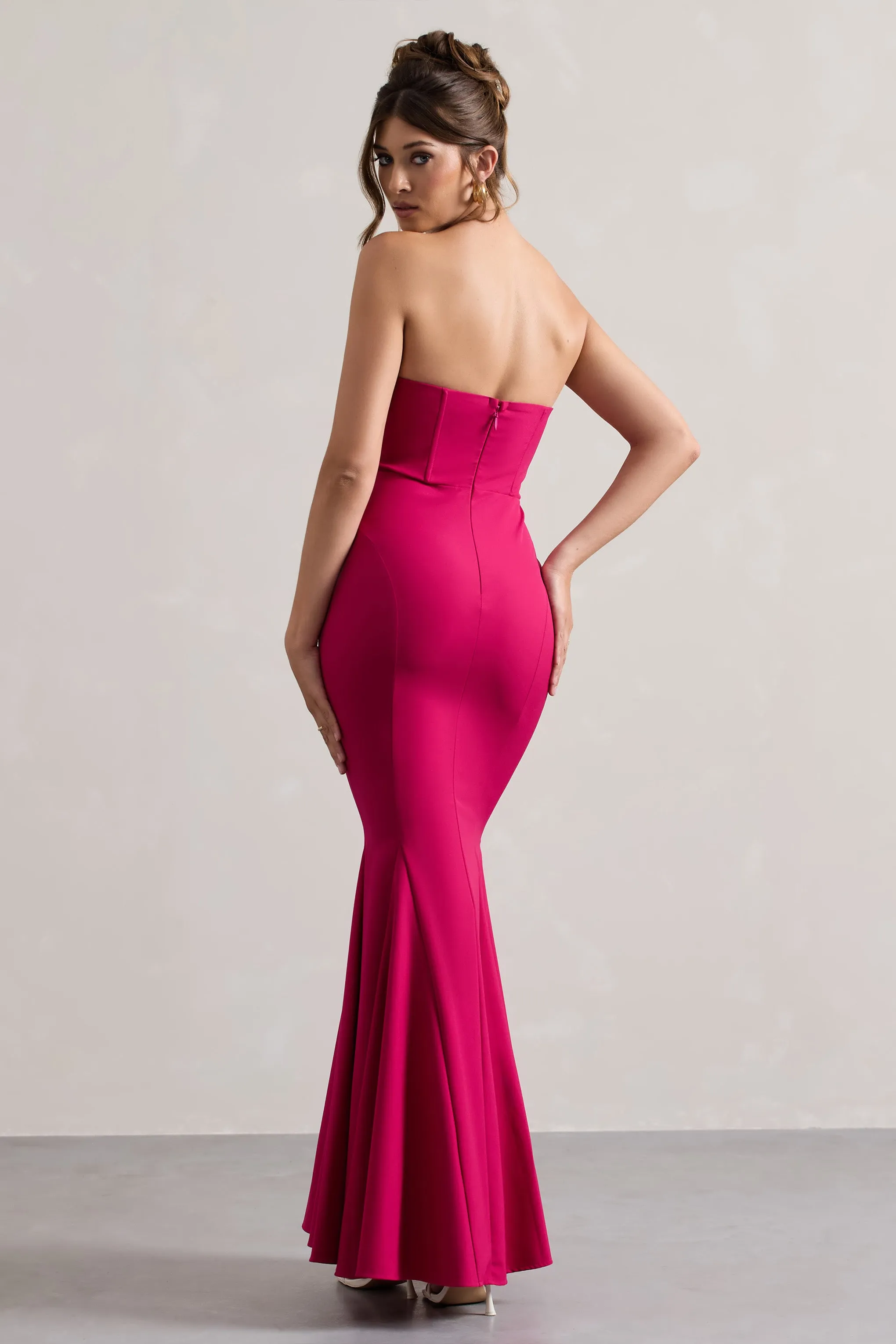 Idyllic | Hot Pink Strapless Corset Style Fishtail Maxi Dress Club L London