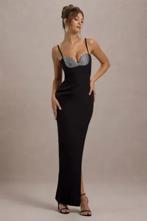 Ignacia | Black Asymmetric Maxi Dress With Hotfix Detail Club L London