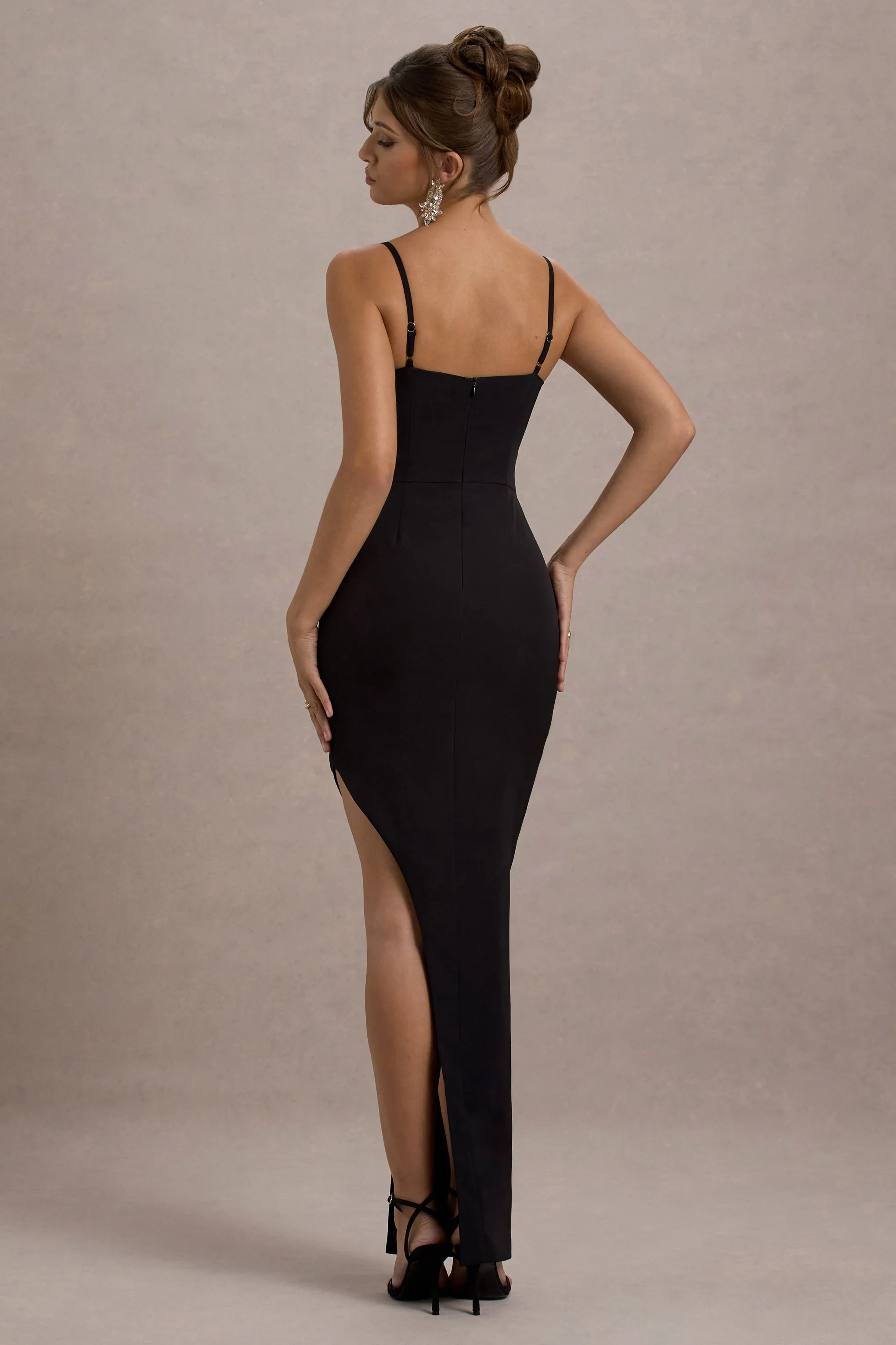 Ignacia | Black Asymmetric Maxi Dress With Hotfix Detail Club L London