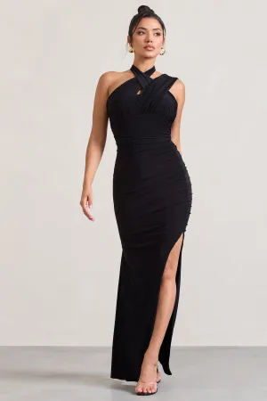 Ignite | Black Strappy Halter-Neck Asymmetric Maxi Dress Club L London
