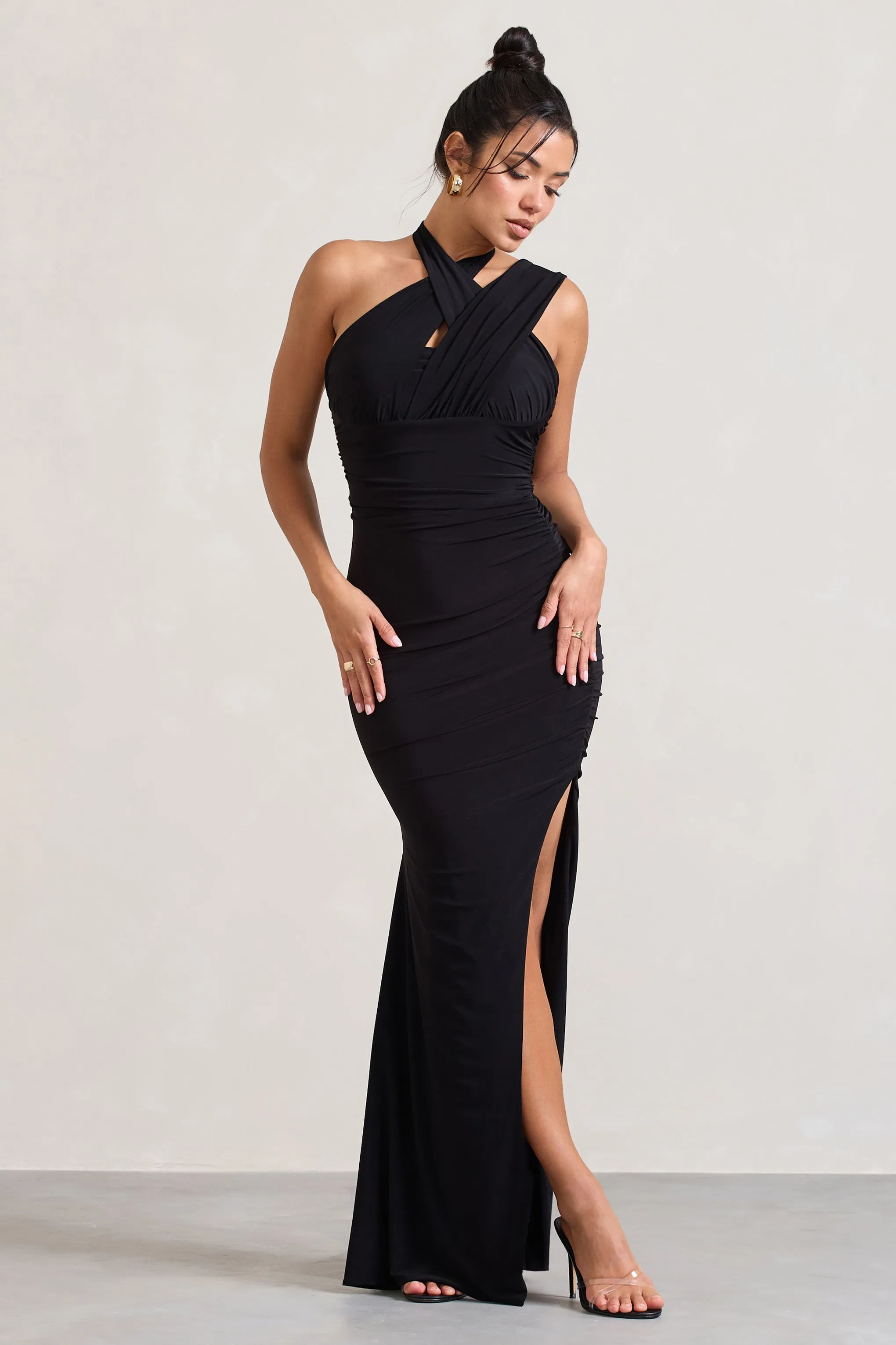 Ignite | Black Strappy Halter-Neck Asymmetric Maxi Dress Club L London