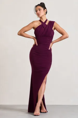 Ignite | Burgundy Strappy Halter-Neck Asymmetric Maxi Dress Club L London