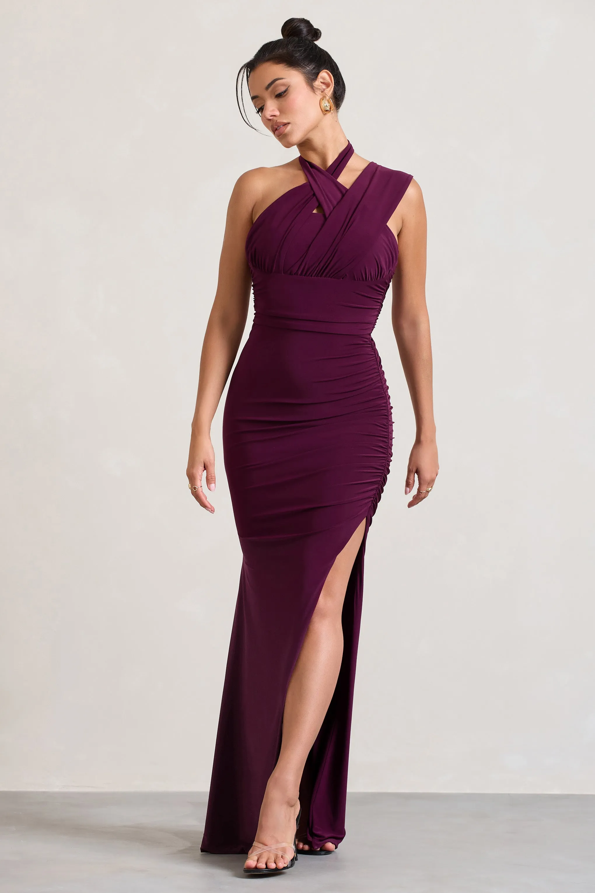 Ignite | Burgundy Strappy Halter-Neck Asymmetric Maxi Dress Club L London