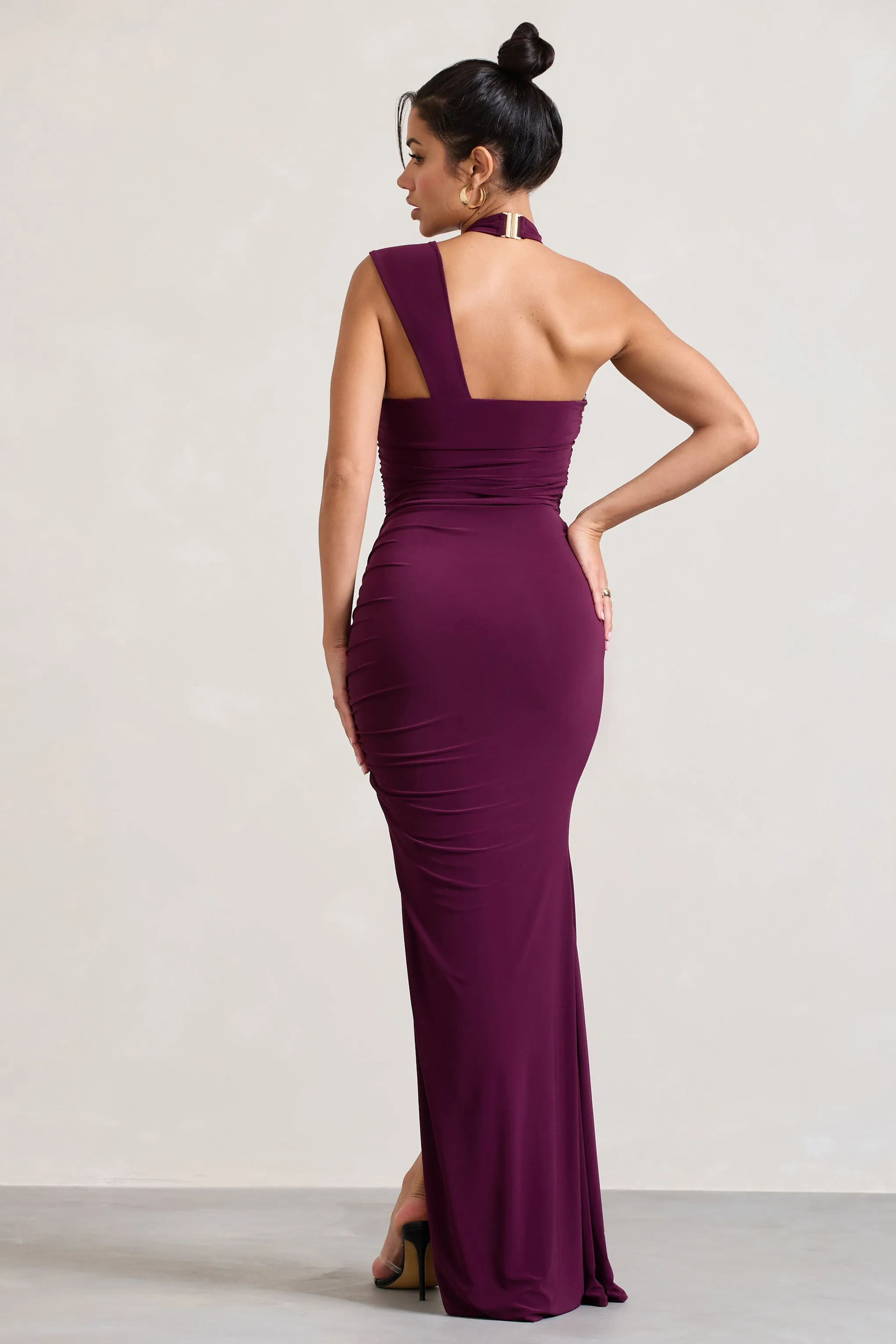 Ignite | Burgundy Strappy Halter-Neck Asymmetric Maxi Dress Club L London