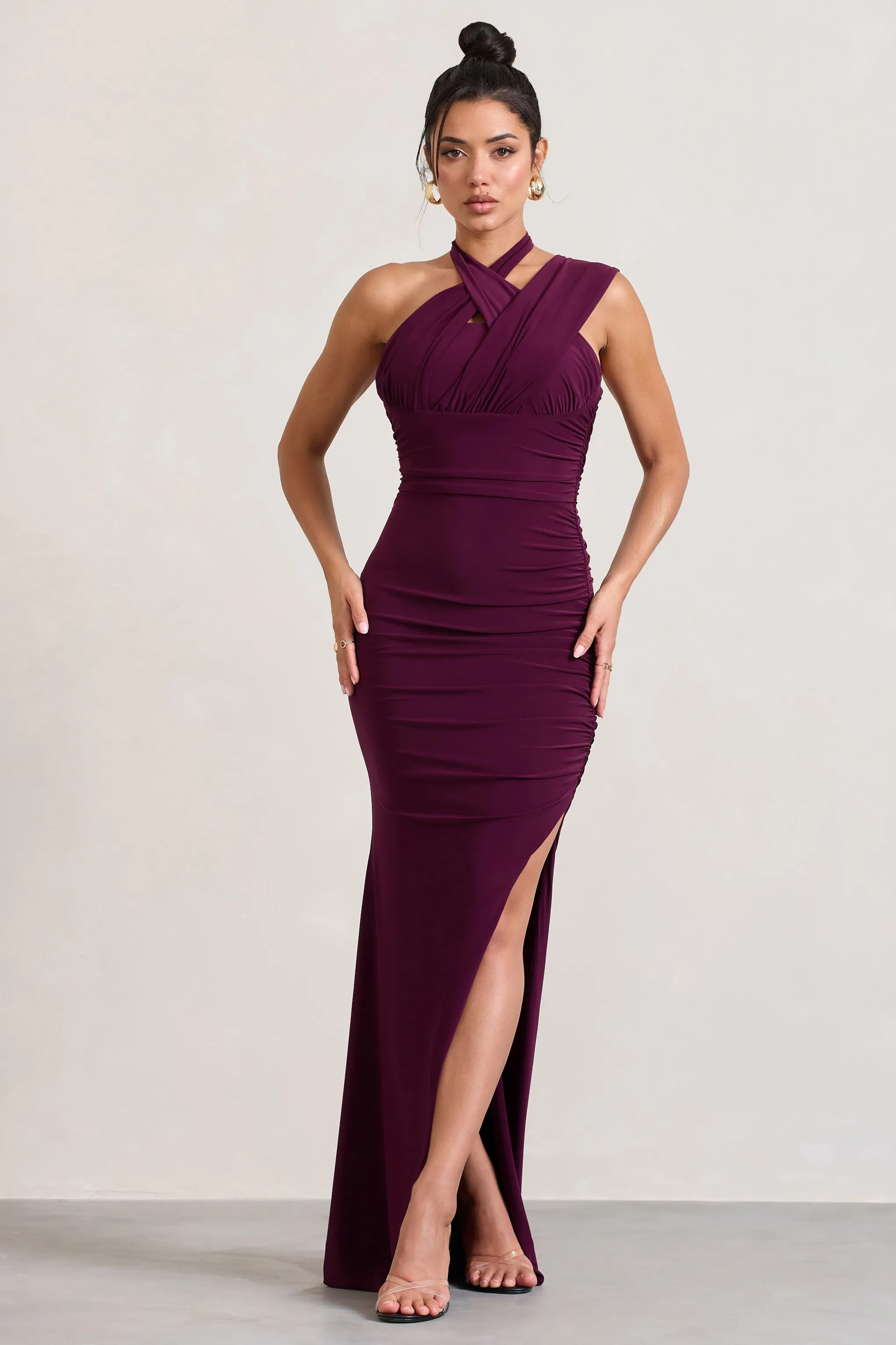 Ignite | Burgundy Strappy Halter-Neck Asymmetric Maxi Dress Club L London