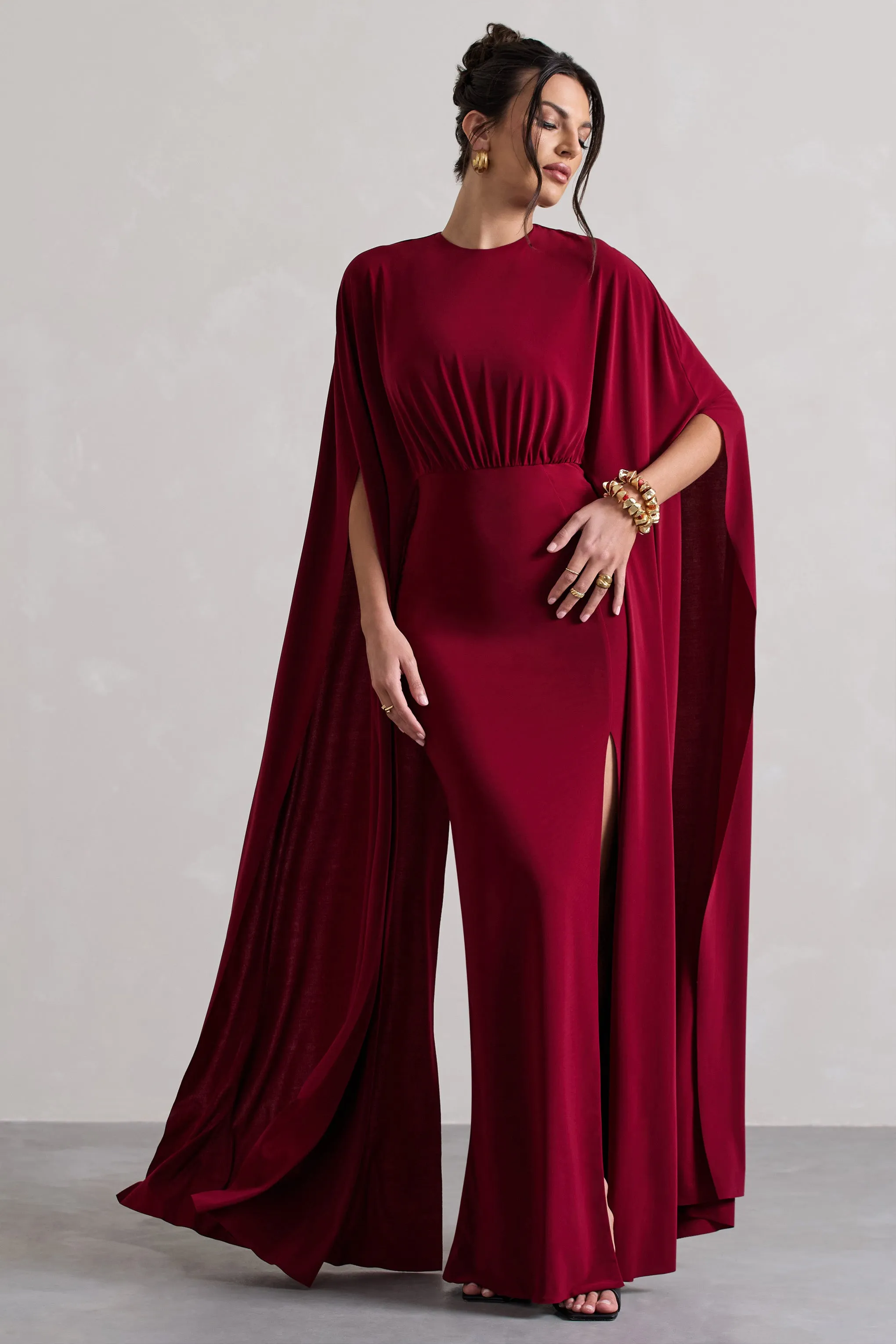 Ilaria | Berry Cape Sleeve Split Maxi Dress Club L London