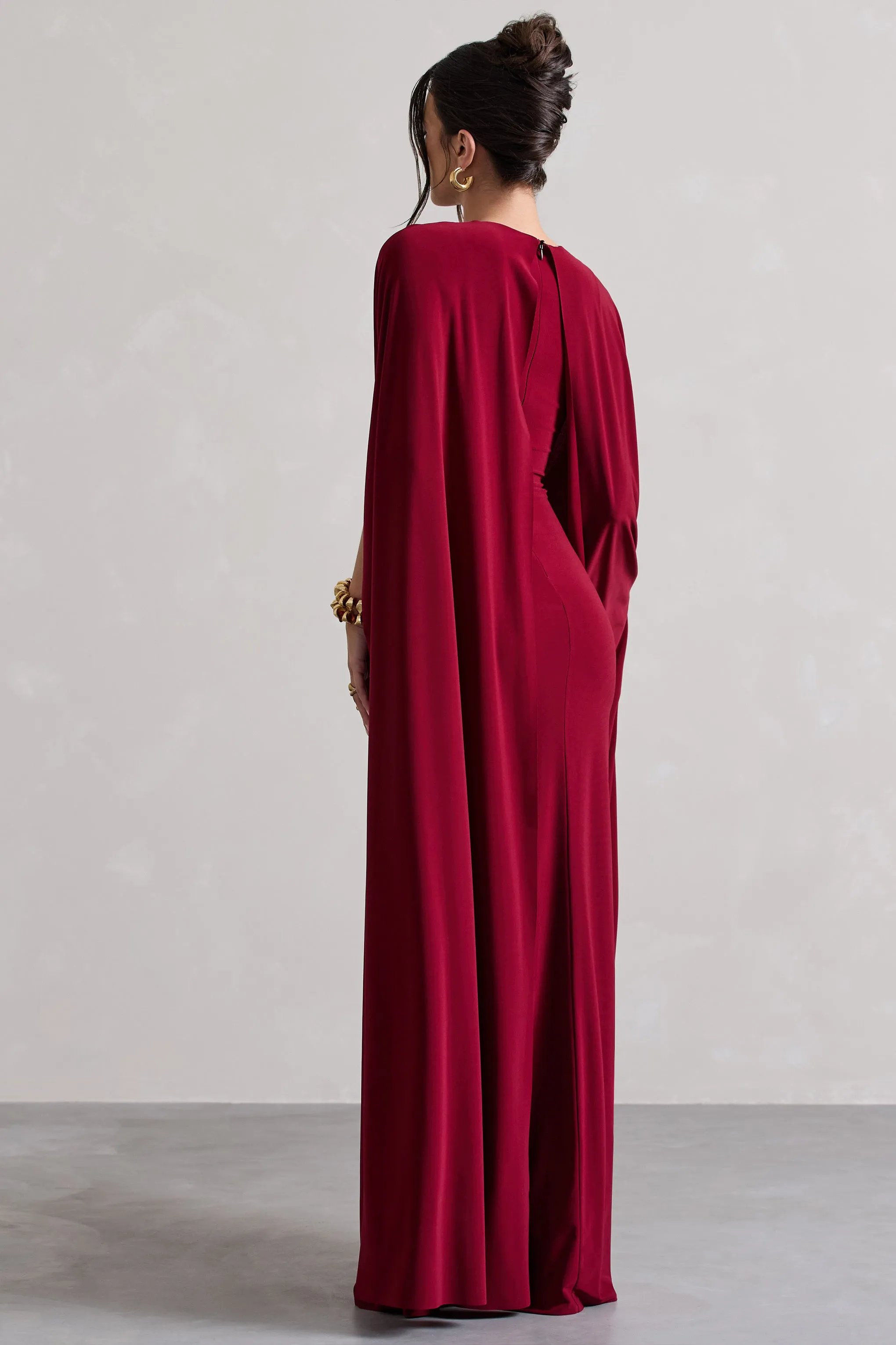 Ilaria | Berry Cape Sleeve Split Maxi Dress Club L London