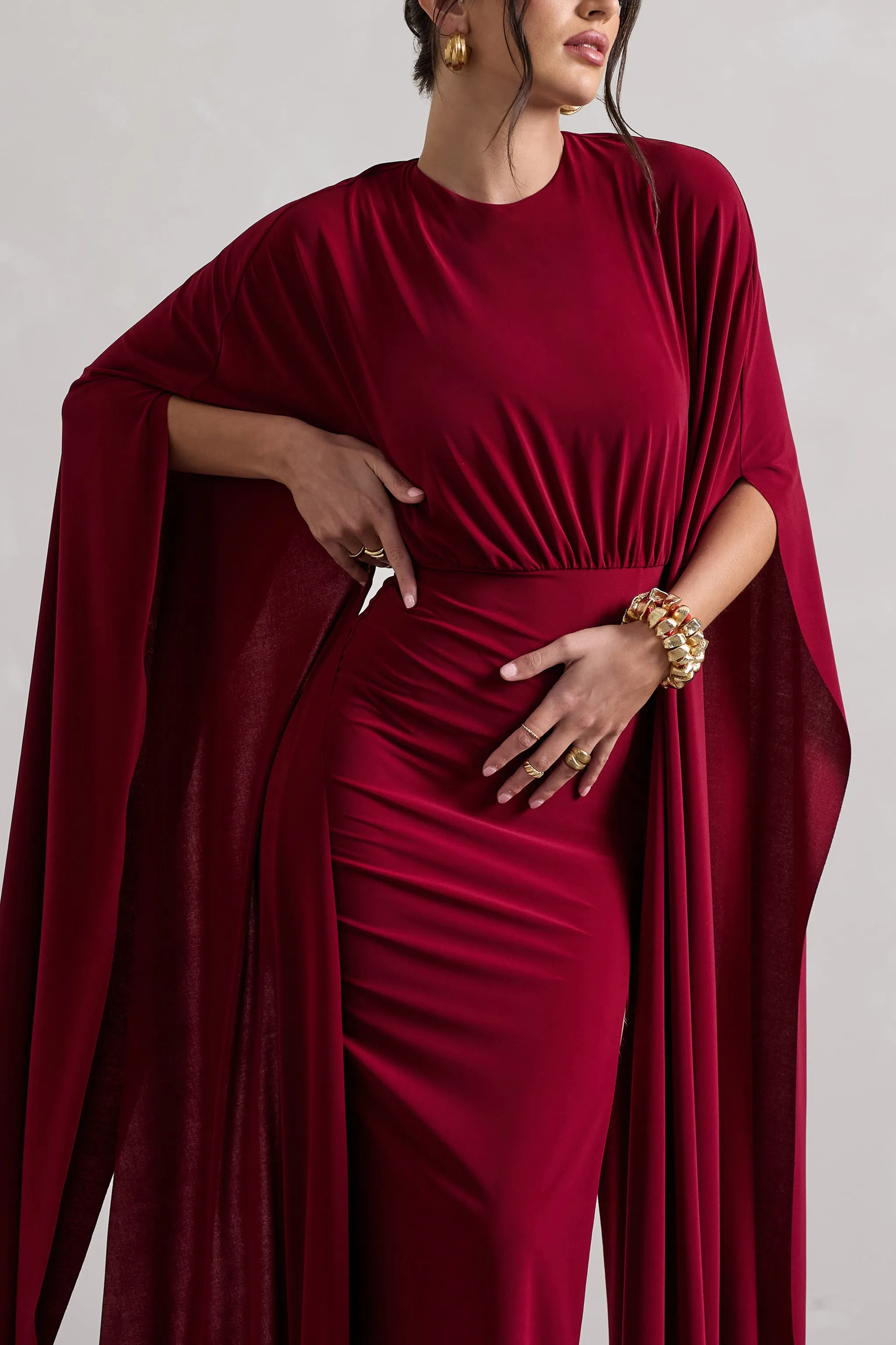 Ilaria | Berry Cape Sleeve Split Maxi Dress Club L London