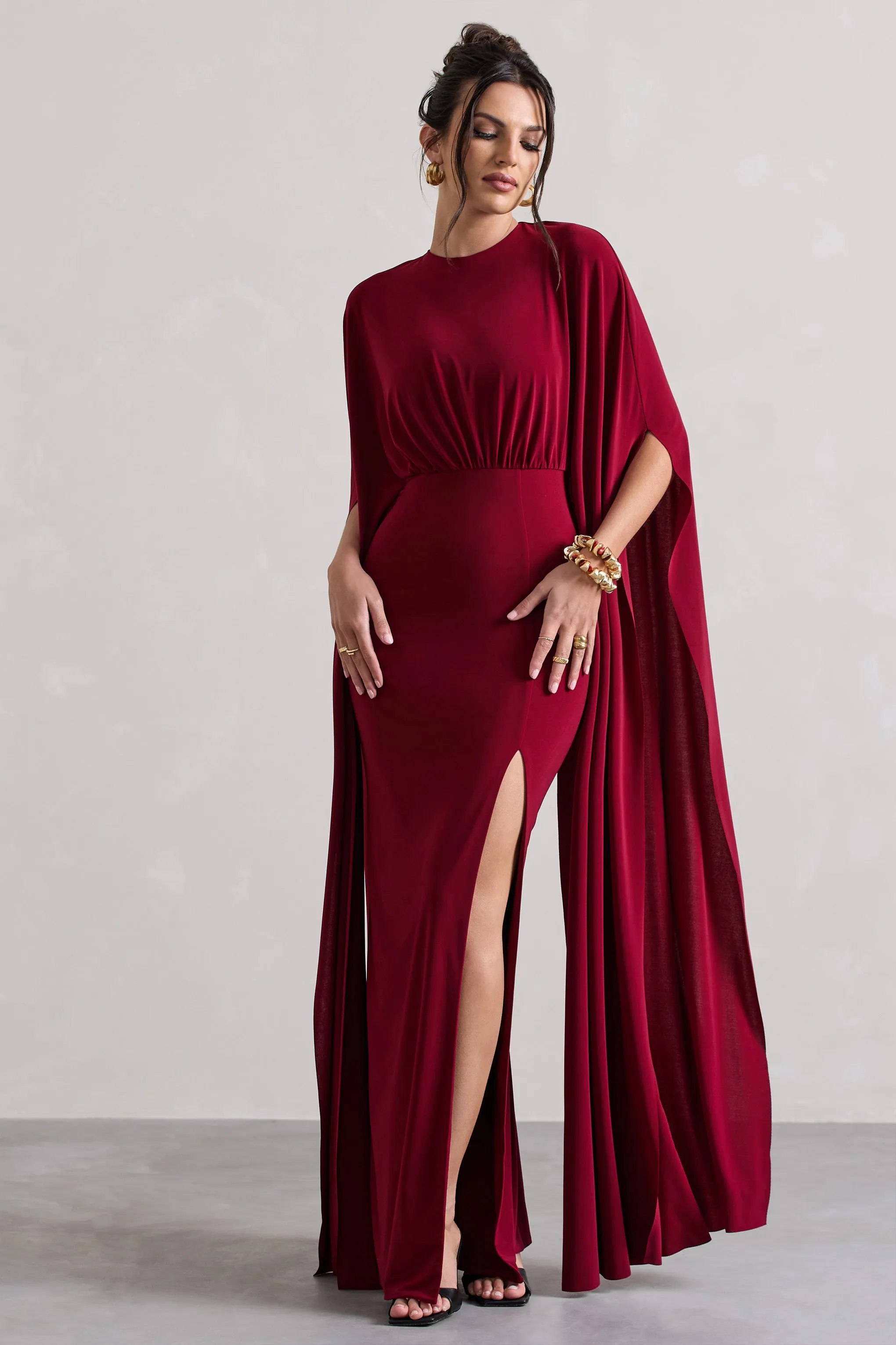 Ilaria | Berry Cape Sleeve Split Maxi Dress Club L London