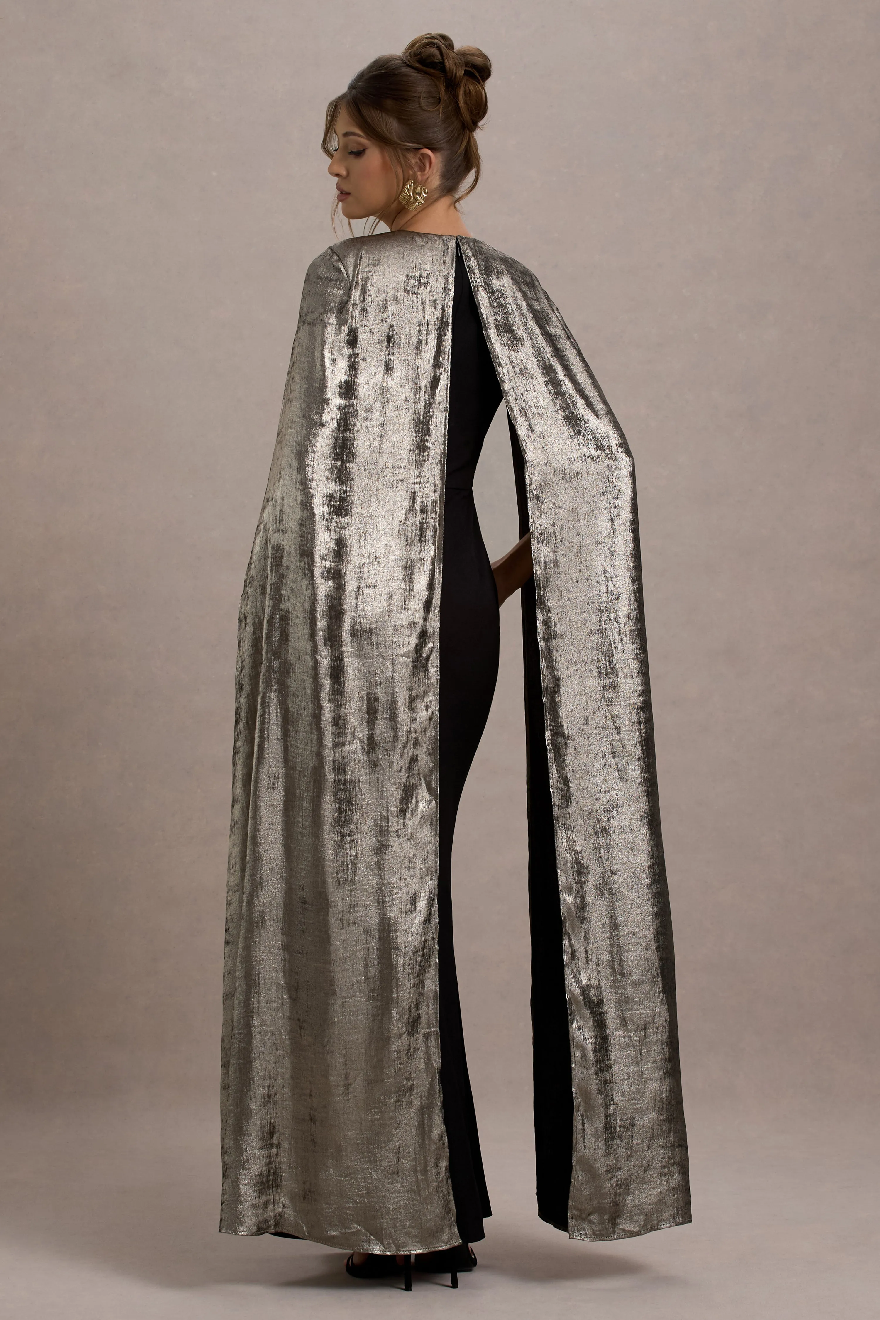 Ilenia | Black V-Neck Maxi Dress With Metallic Cape Club L London