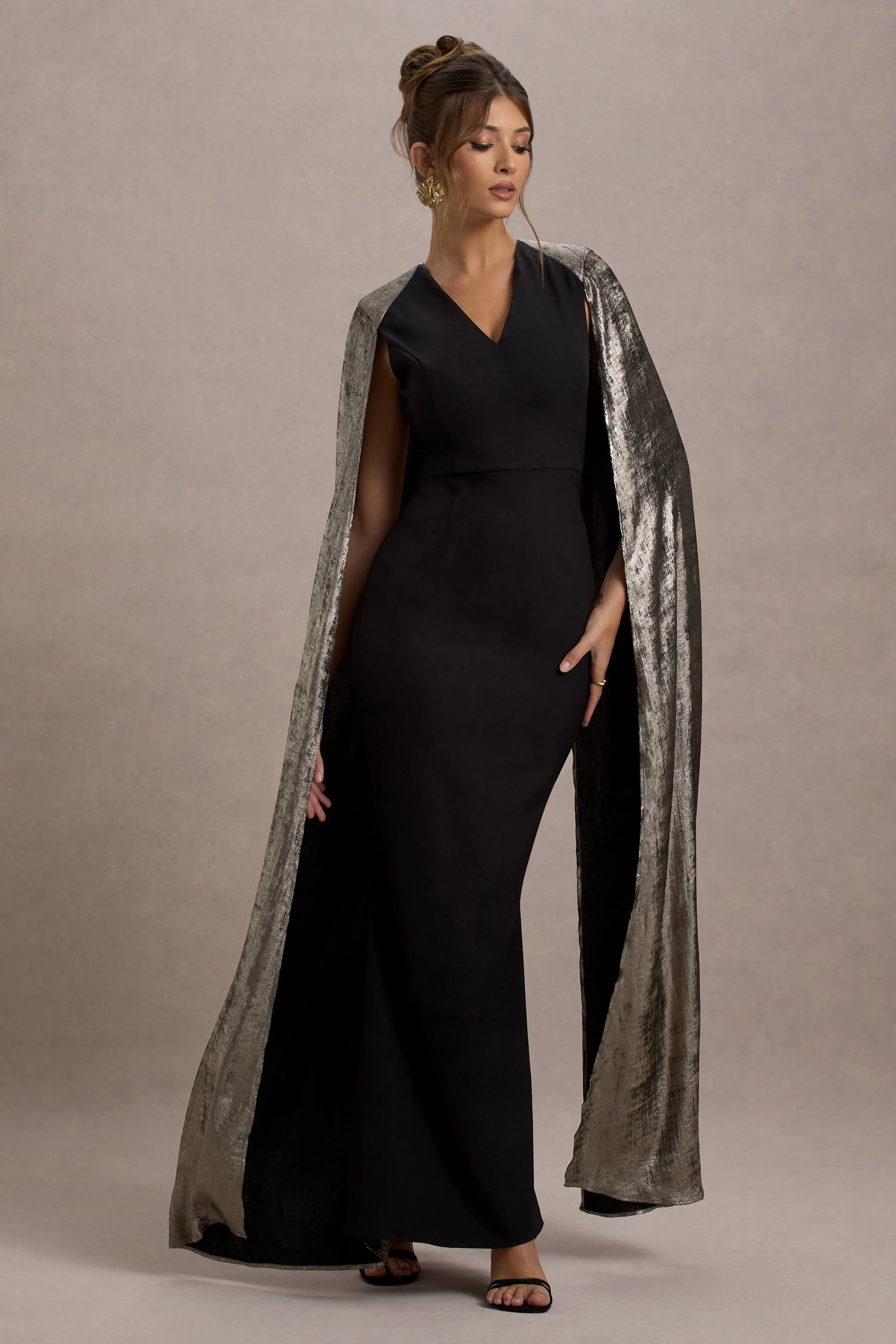 Ilenia | Black V-Neck Maxi Dress With Metallic Cape Club L London
