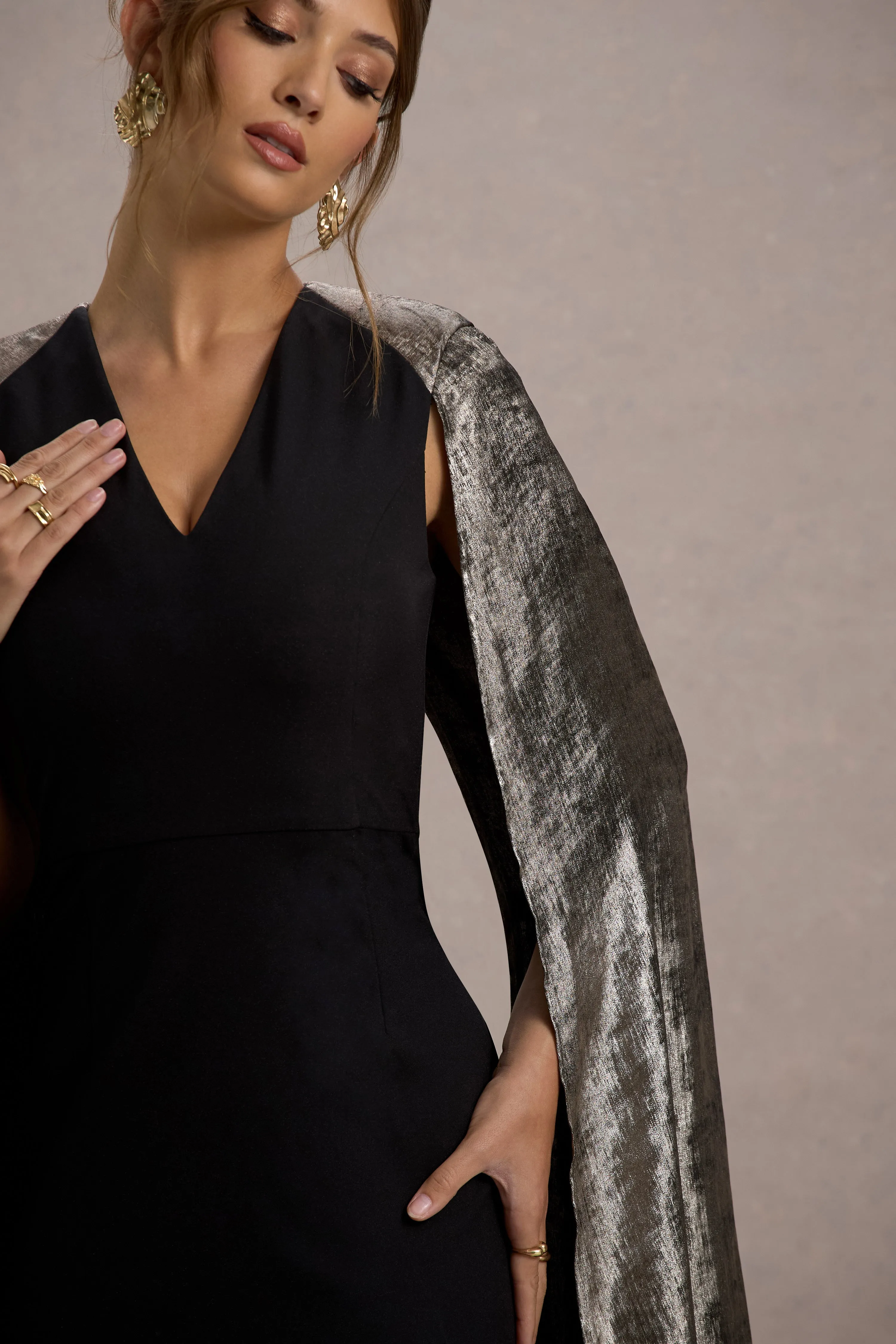 Ilenia | Black V-Neck Maxi Dress With Metallic Cape Club L London