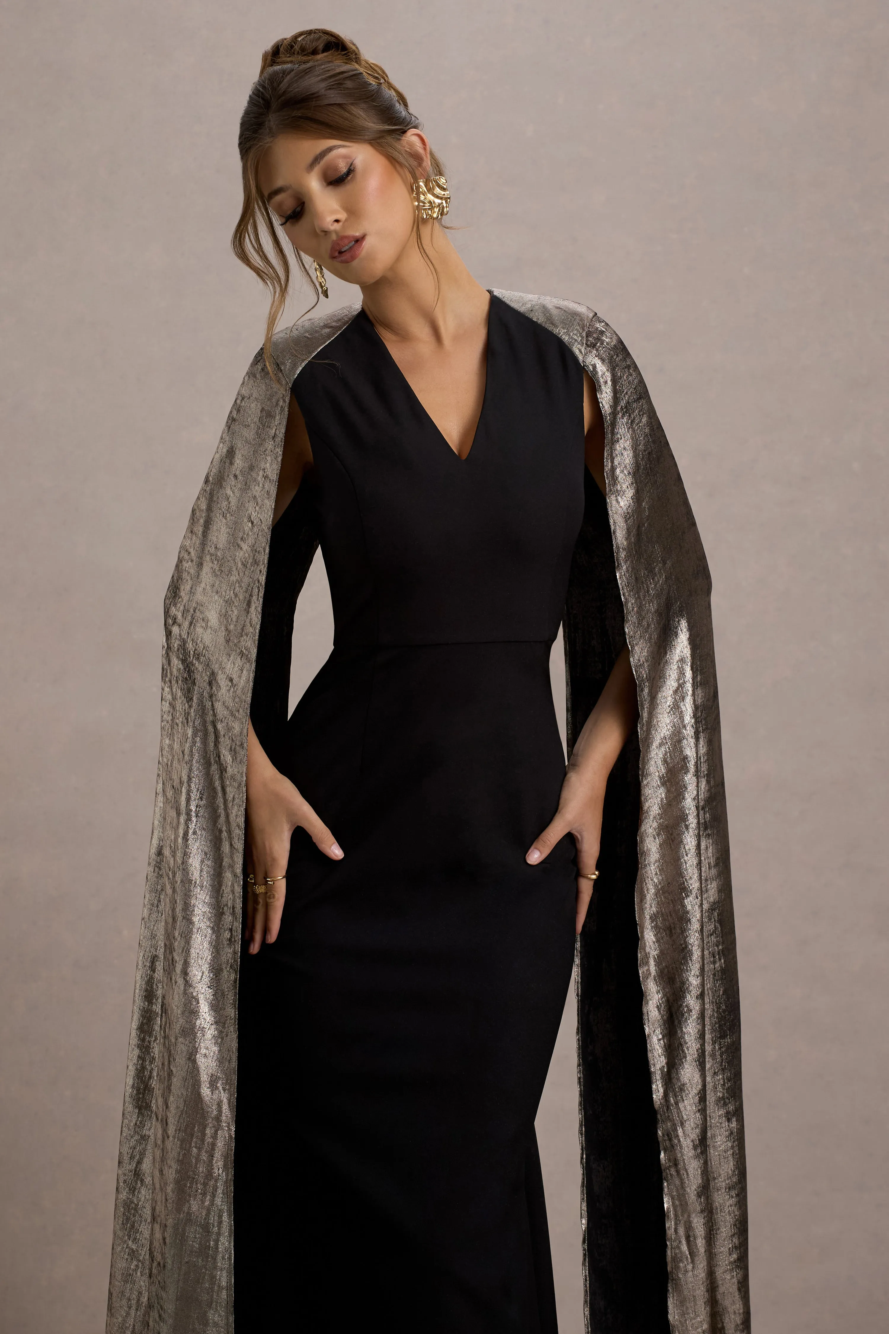 Ilenia | Black V-Neck Maxi Dress With Metallic Cape Club L London