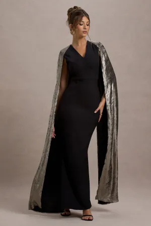 Ilenia | Black V-Neck Maxi Dress With Metallic Cape Club L London