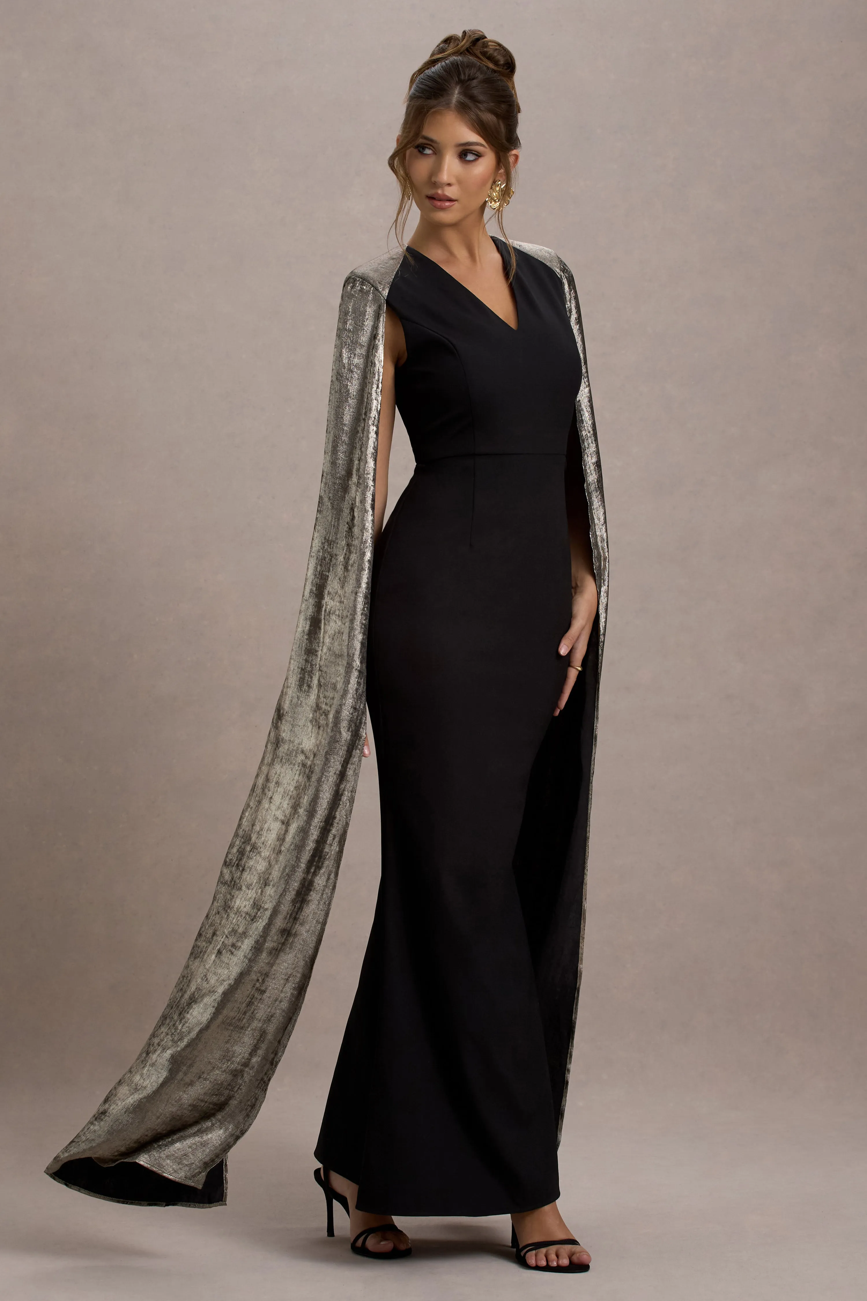 Ilenia | Black V-Neck Maxi Dress With Metallic Cape Club L London