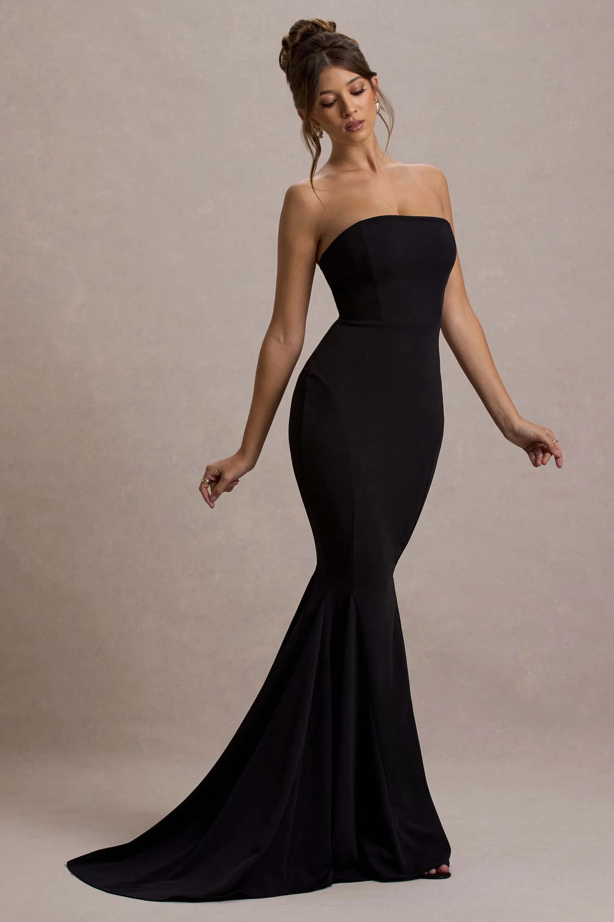 Impress Me | Black Strapless Bandeau Fishtail Maxi Dress Club L London