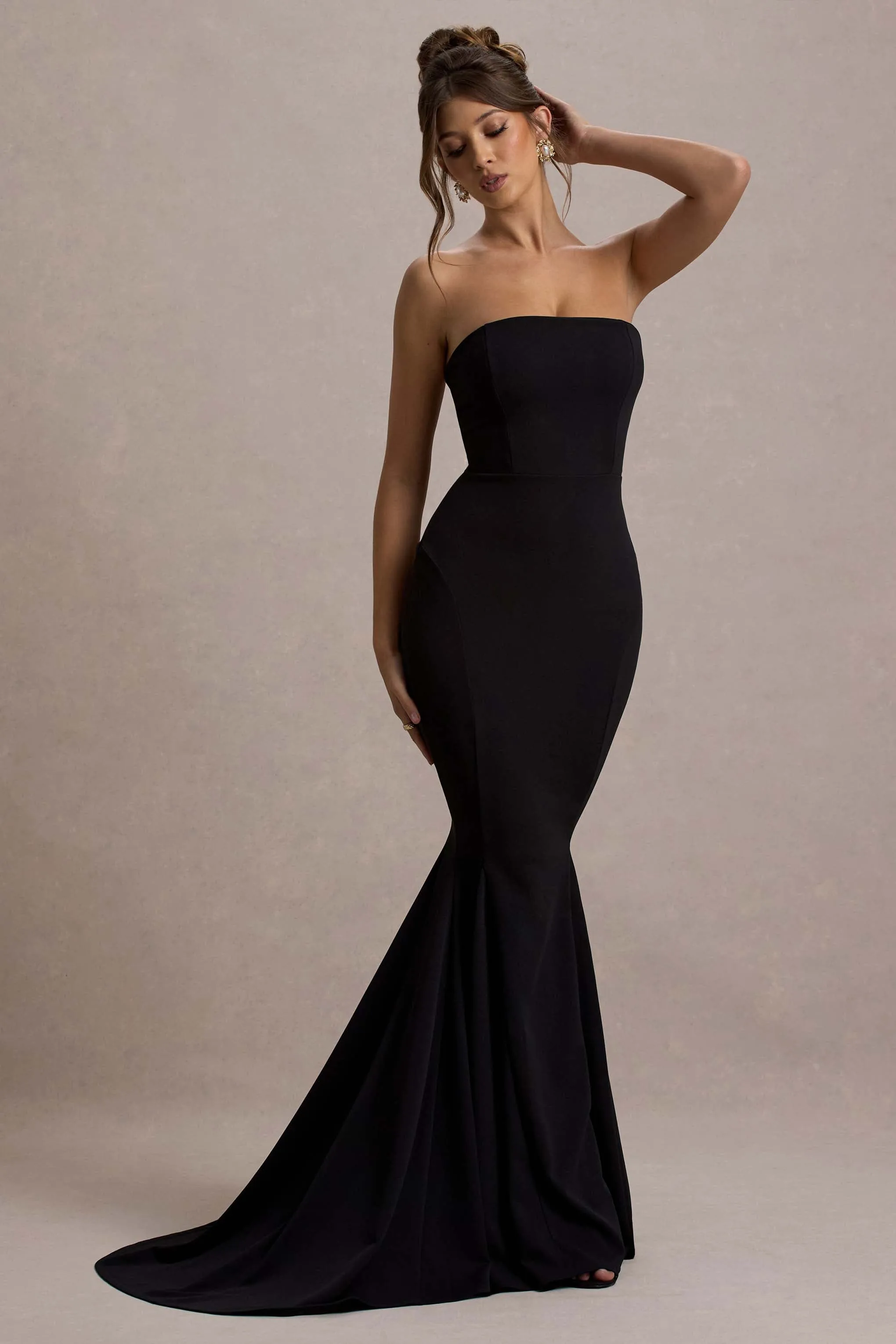Impress Me | Black Strapless Bandeau Fishtail Maxi Dress Club L London