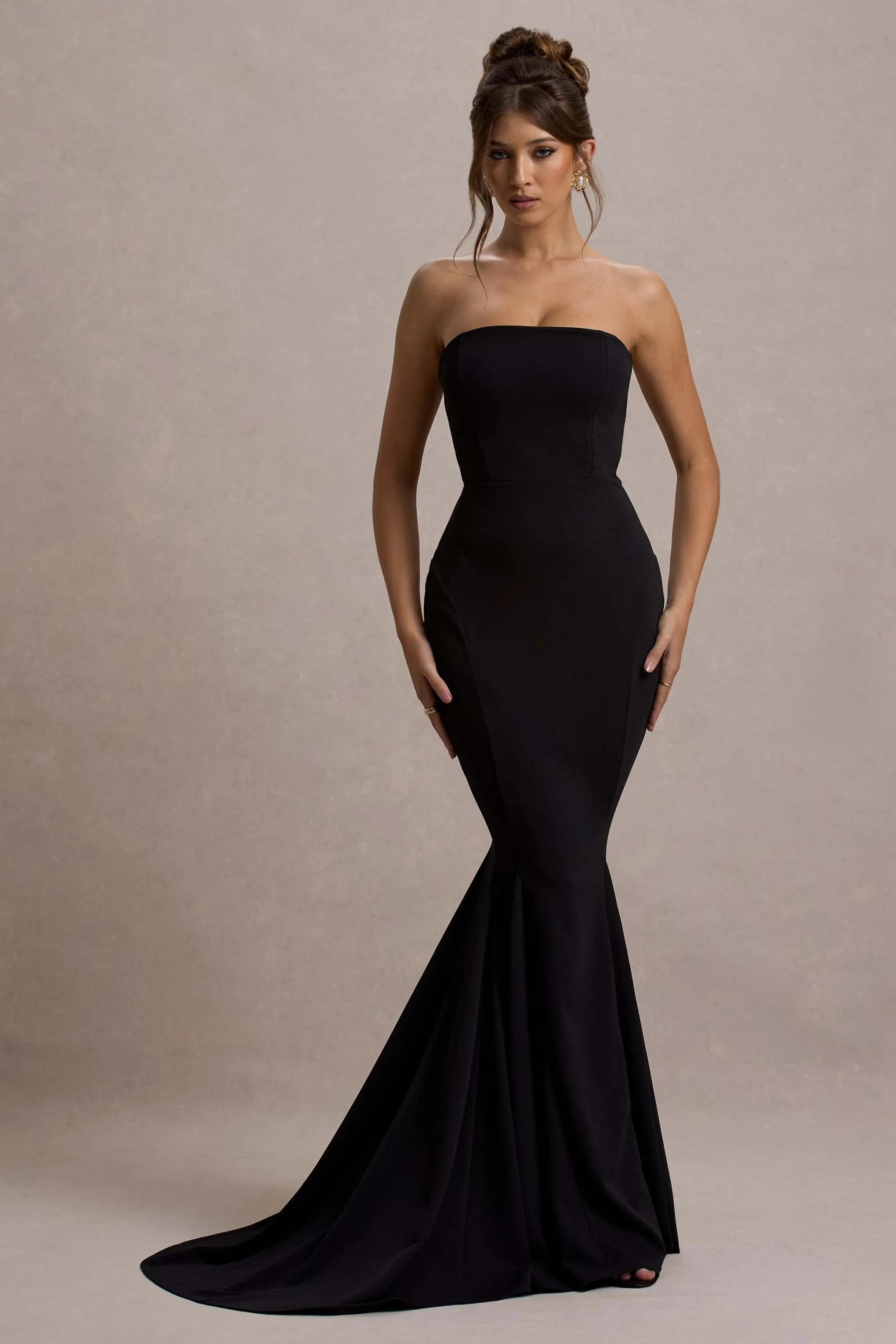 Impress Me | Black Strapless Bandeau Fishtail Maxi Dress Club L London