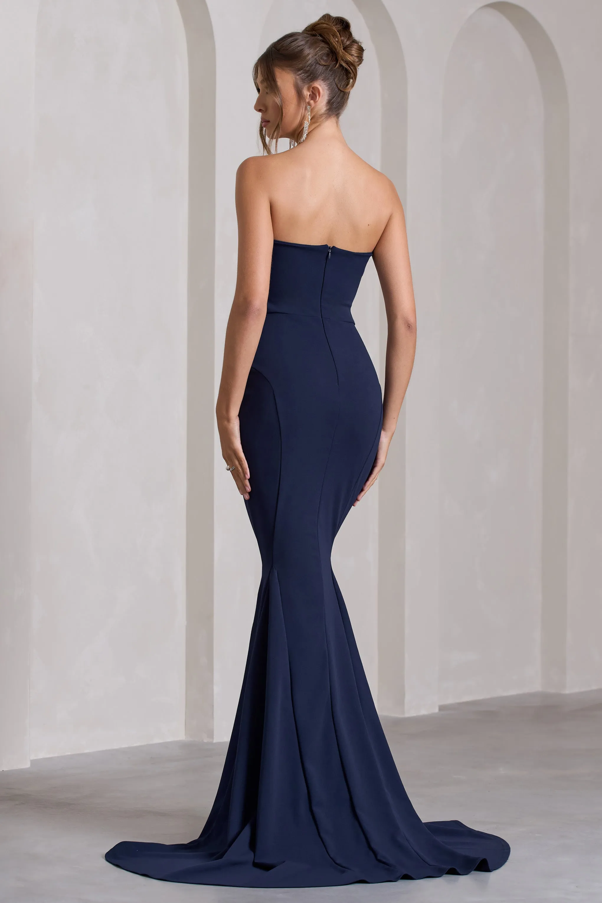 Impress Me | Navy Strapless Bandeau Fishtail Maxi Dress Club L London
