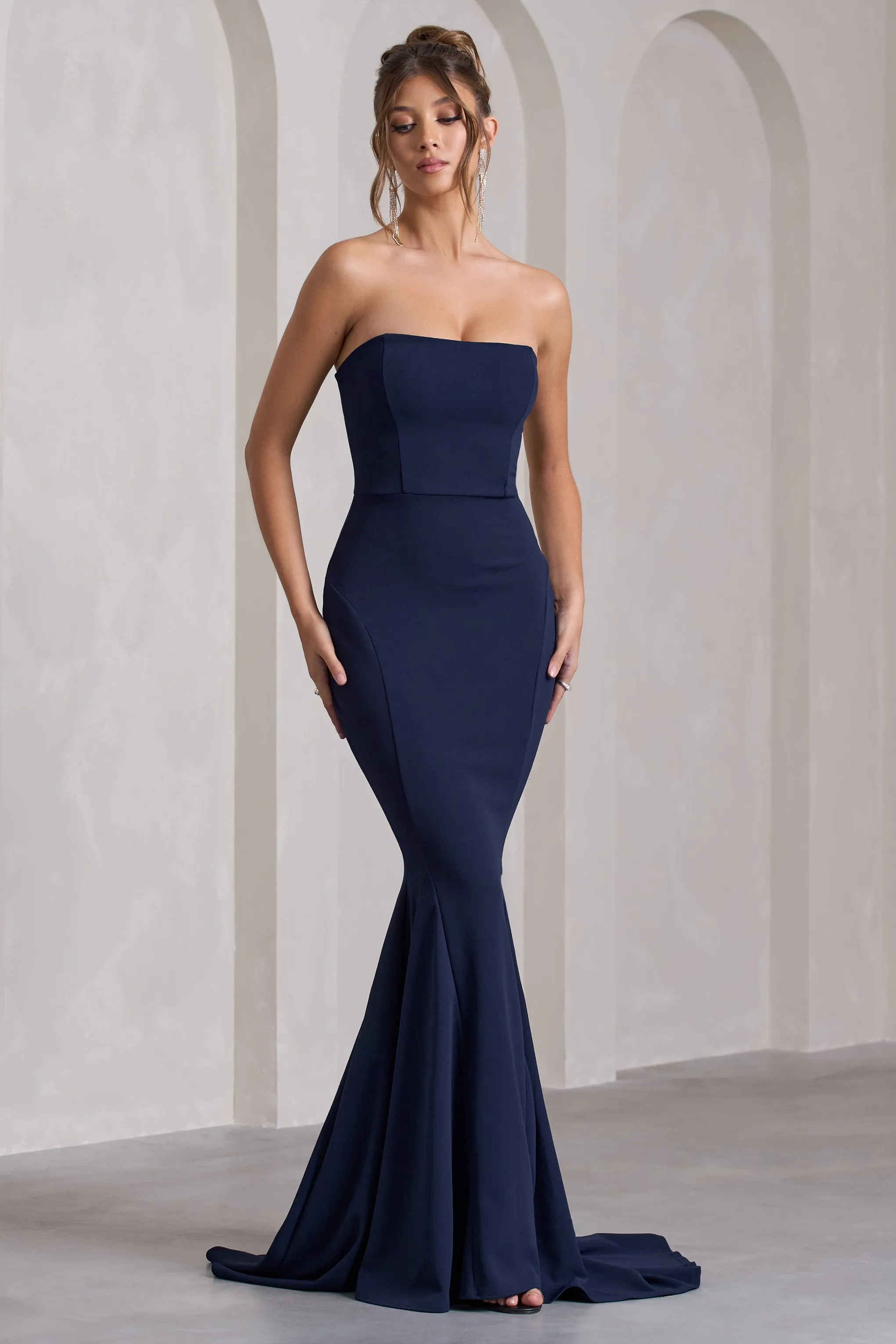 Impress Me | Navy Strapless Bandeau Fishtail Maxi Dress Club L London