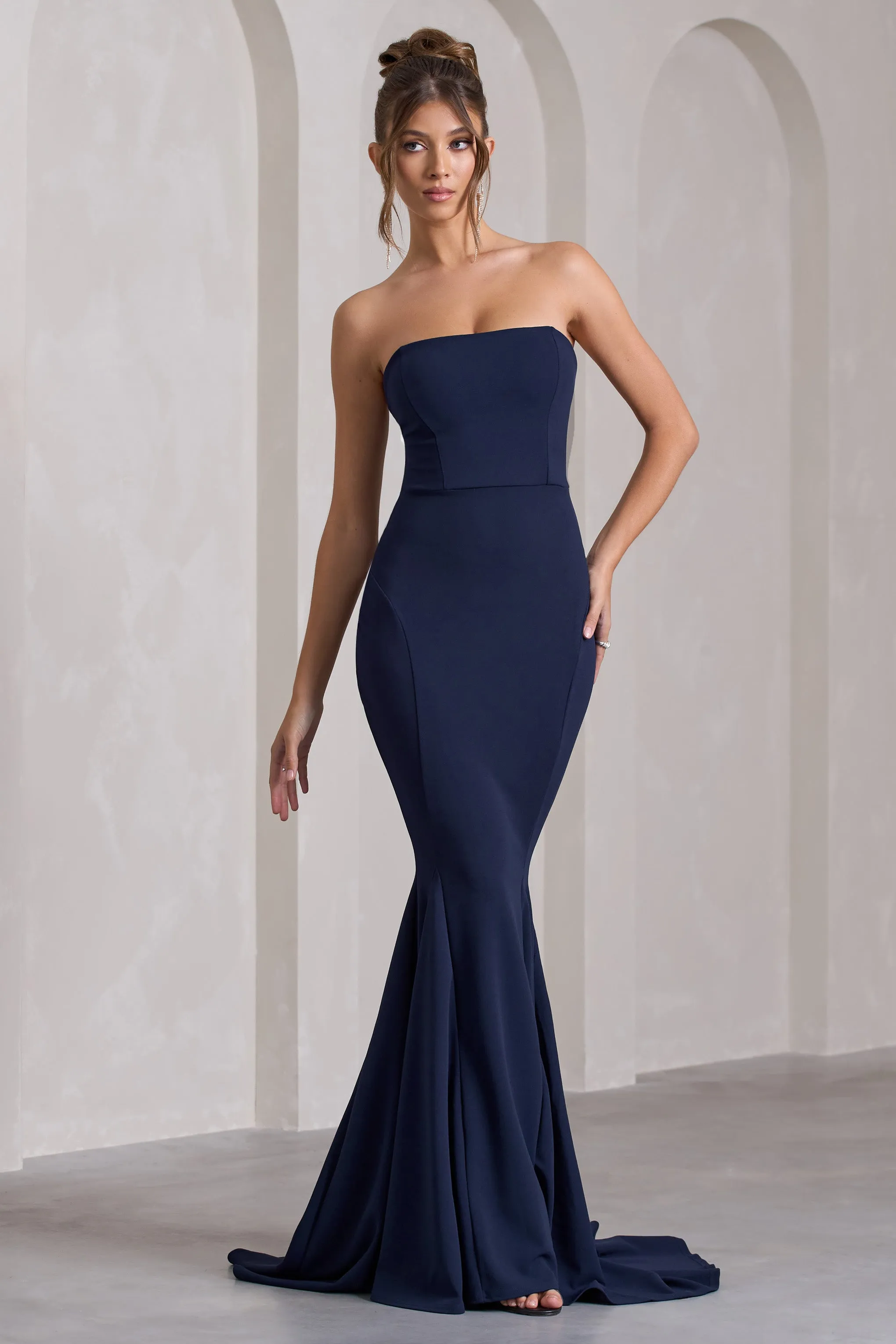 Impress Me | Navy Strapless Bandeau Fishtail Maxi Dress Club L London