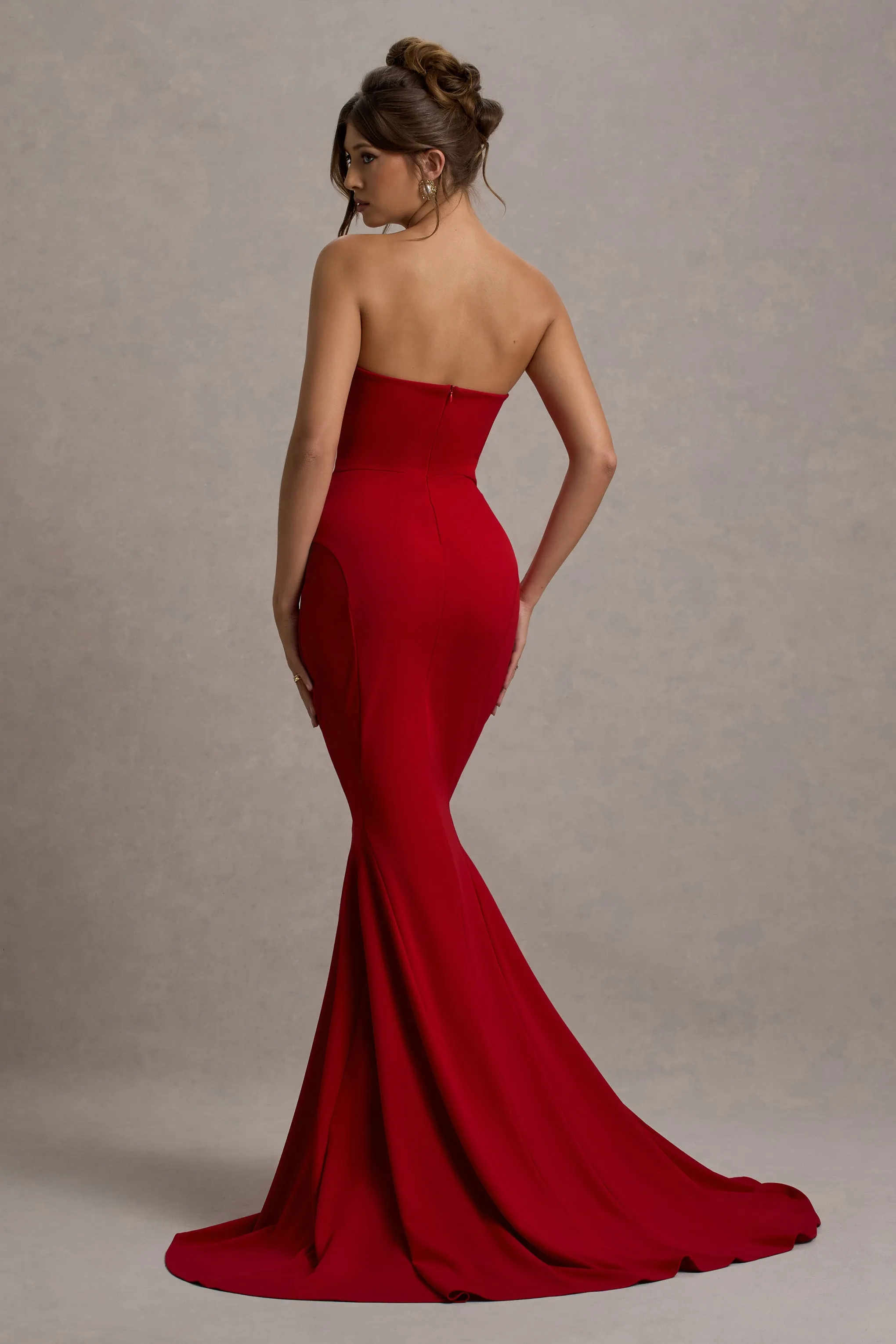 Impress Me | Red Strapless Bandeau Fishtail Maxi Dress Club L London