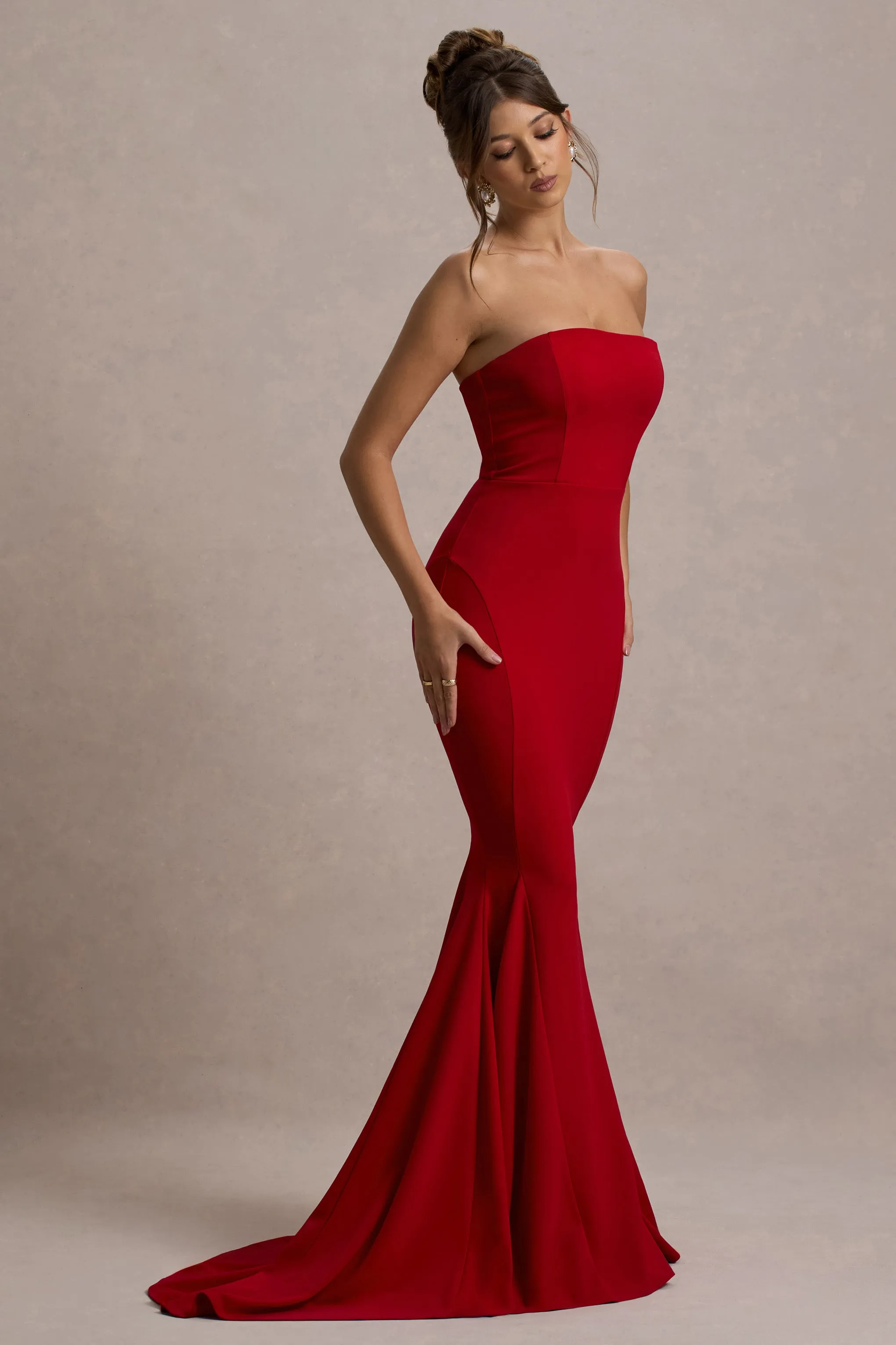 Impress Me | Red Strapless Bandeau Fishtail Maxi Dress Club L London