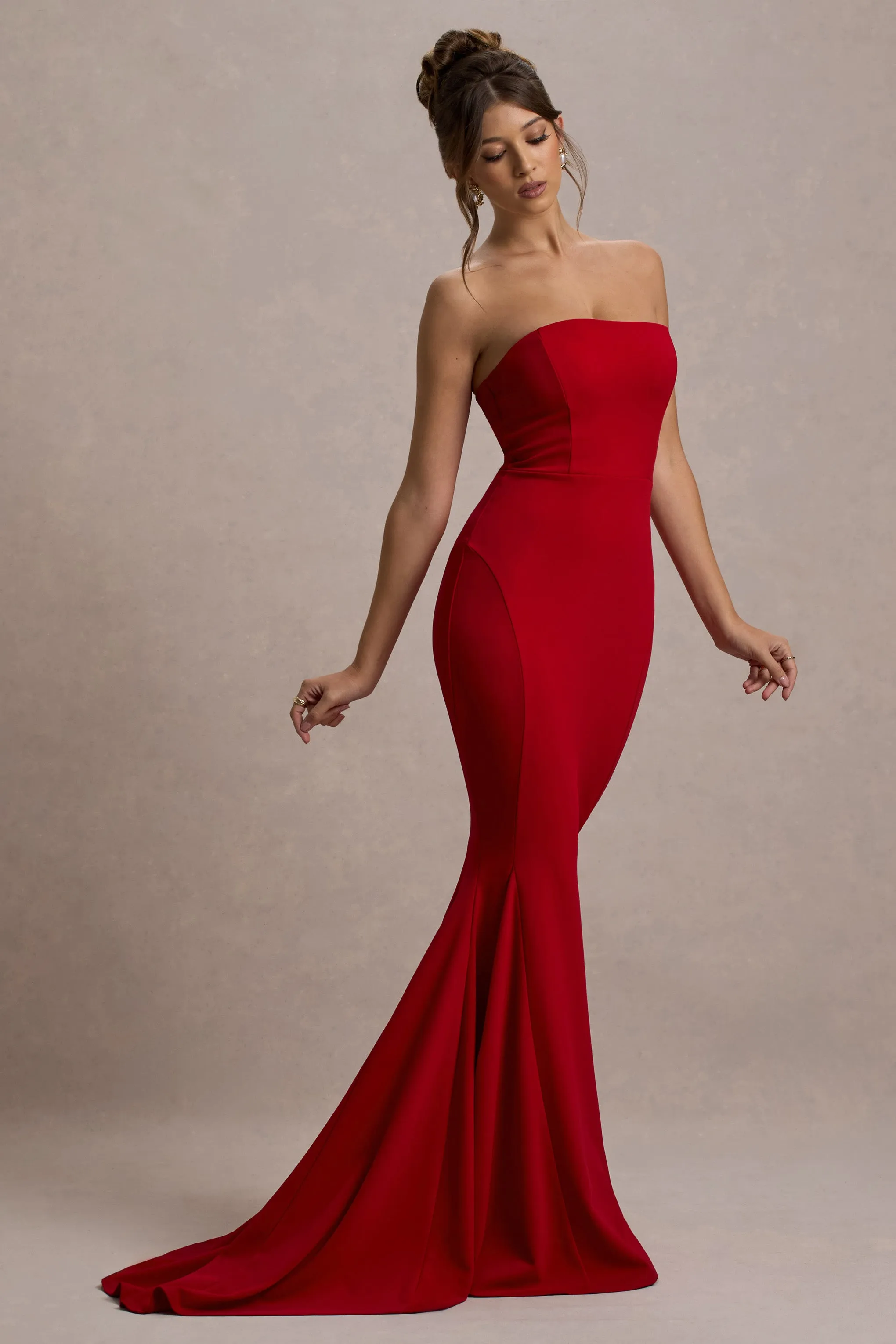 Impress Me | Red Strapless Bandeau Fishtail Maxi Dress Club L London