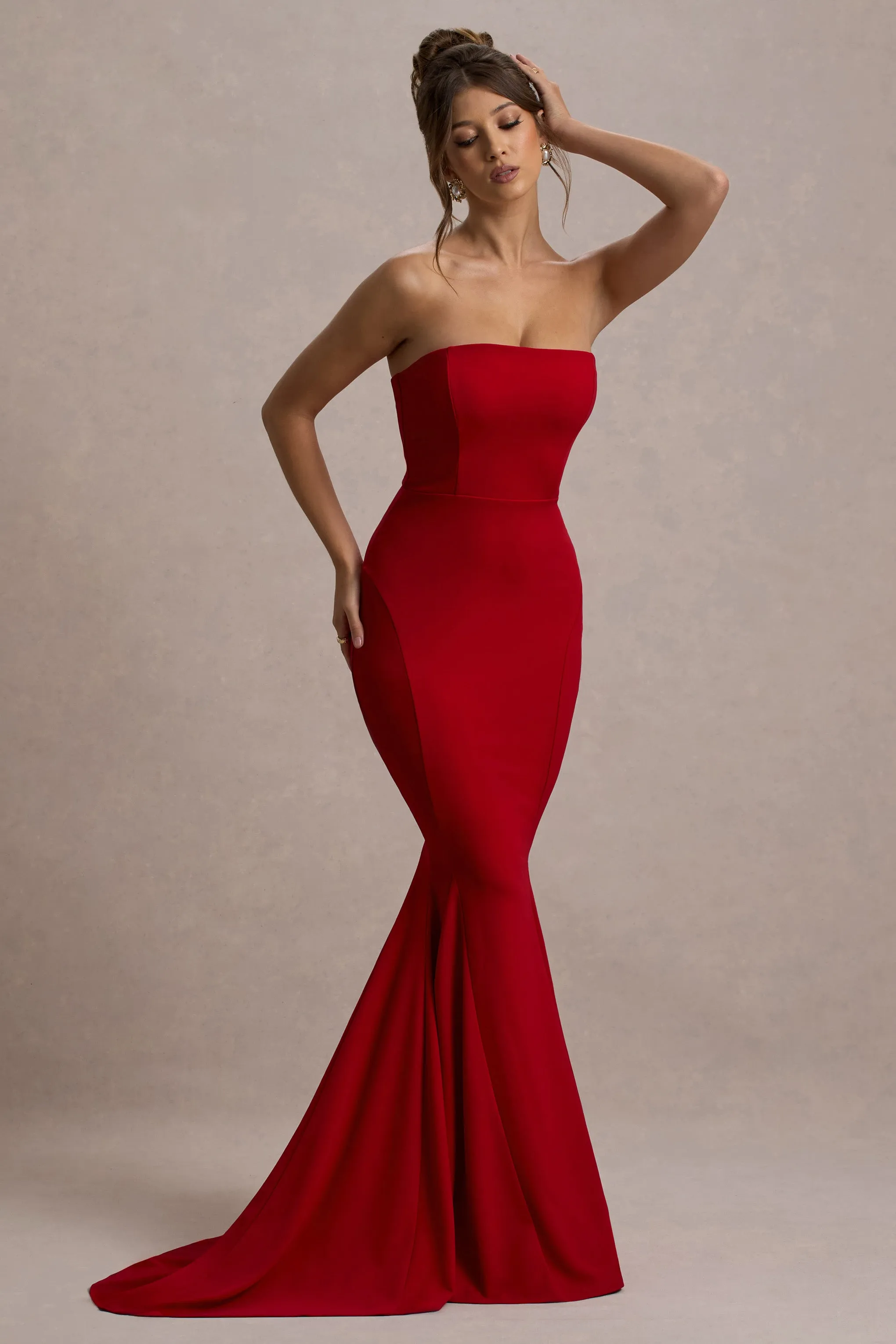 Impress Me | Red Strapless Bandeau Fishtail Maxi Dress Club L London