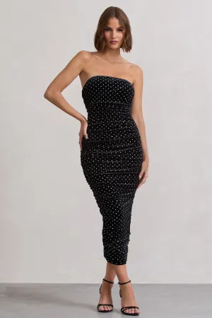 In A Daze | Black Bodycon Embellished Strapless Midi Dress Club L London