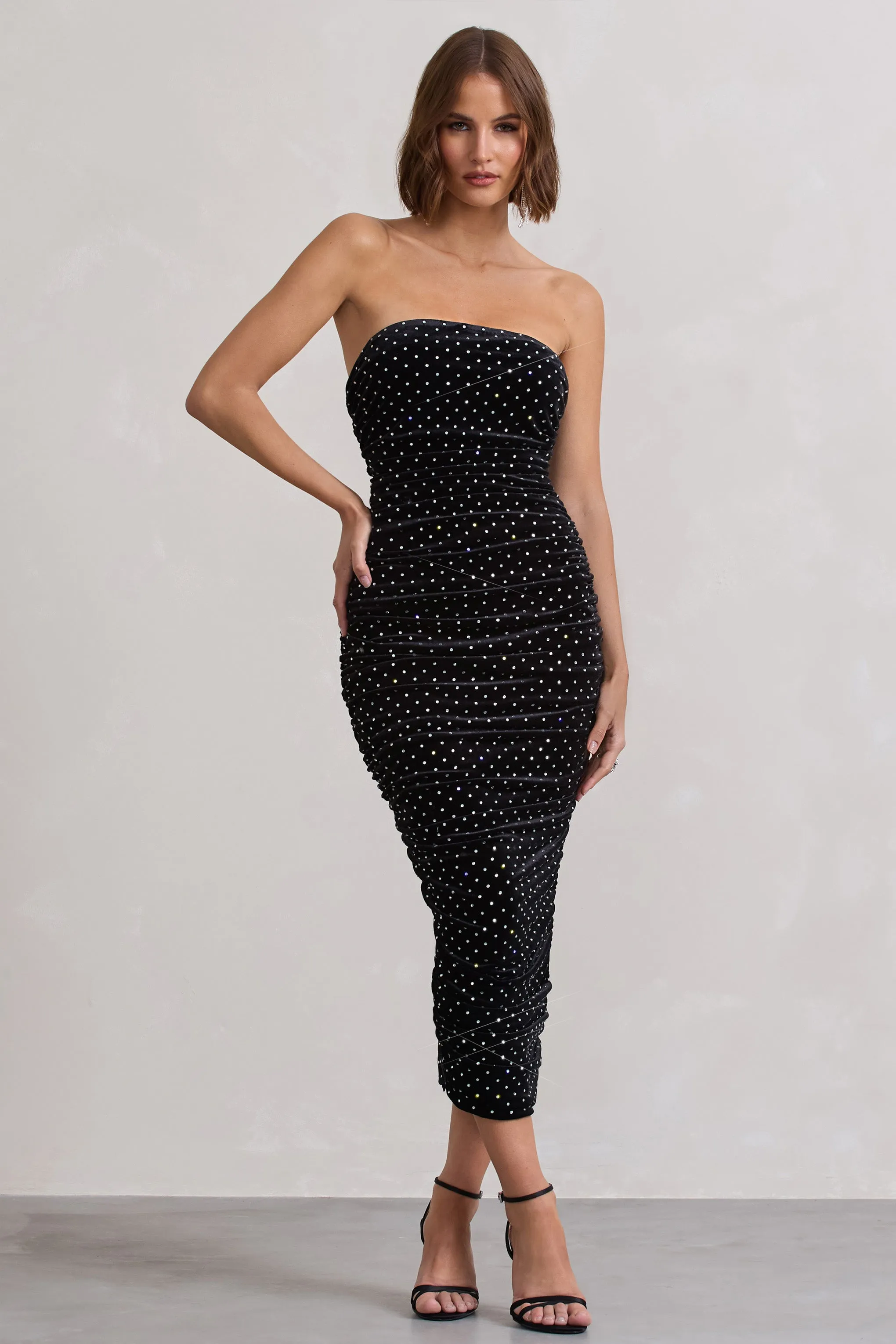 In A Daze | Black Bodycon Embellished Strapless Midi Dress Club L London