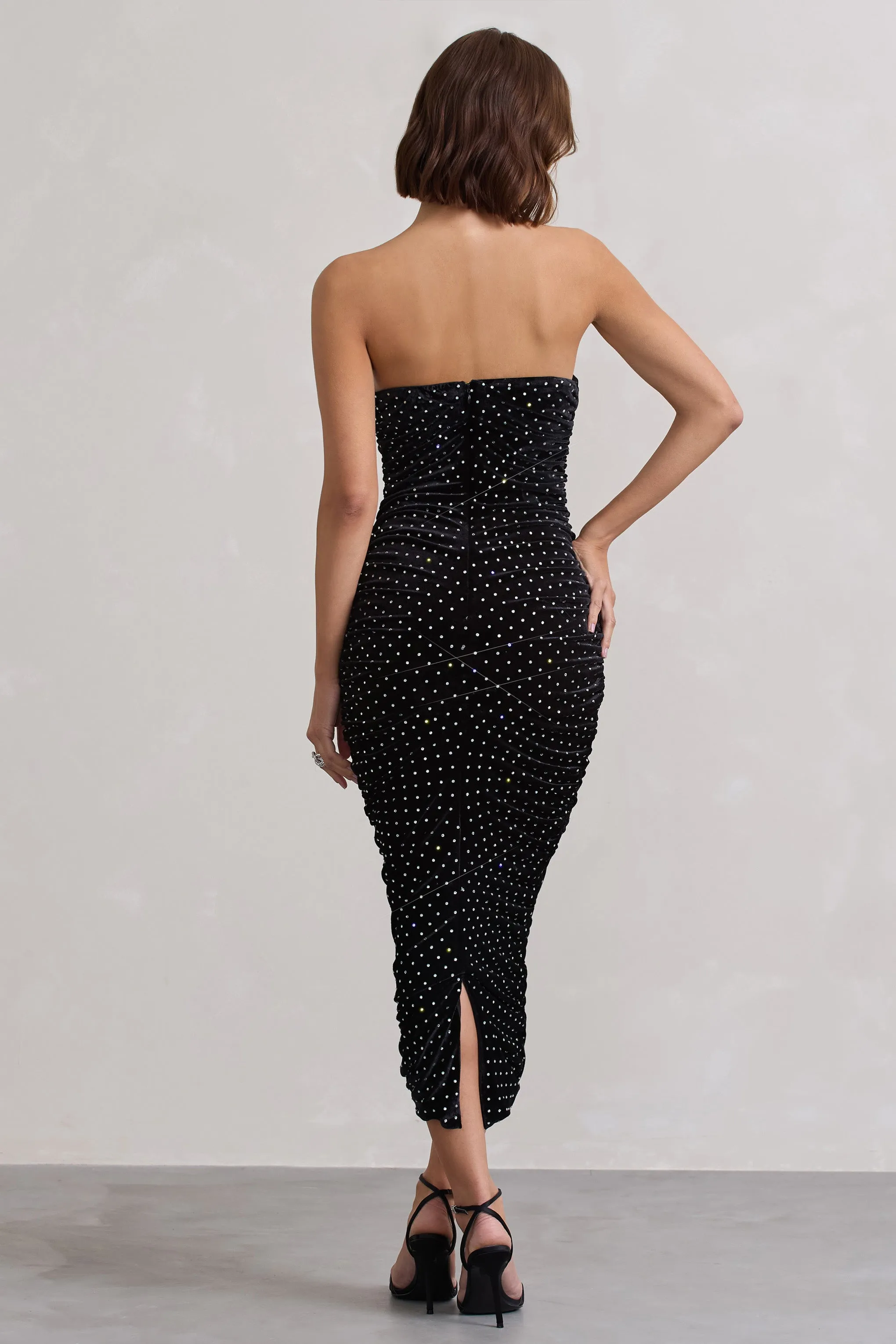 In A Daze | Black Bodycon Embellished Strapless Midi Dress Club L London