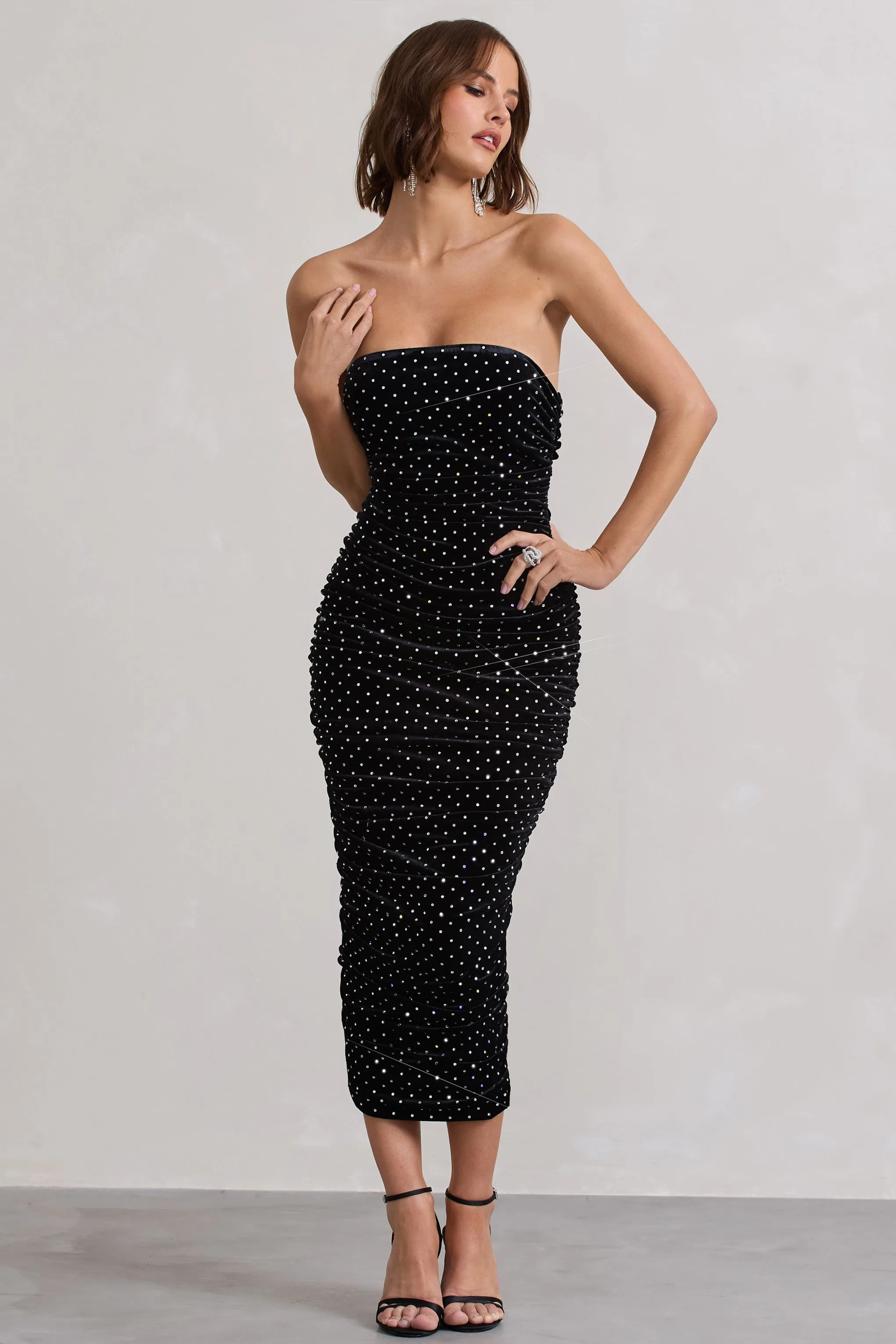 In A Daze | Black Bodycon Embellished Strapless Midi Dress Club L London