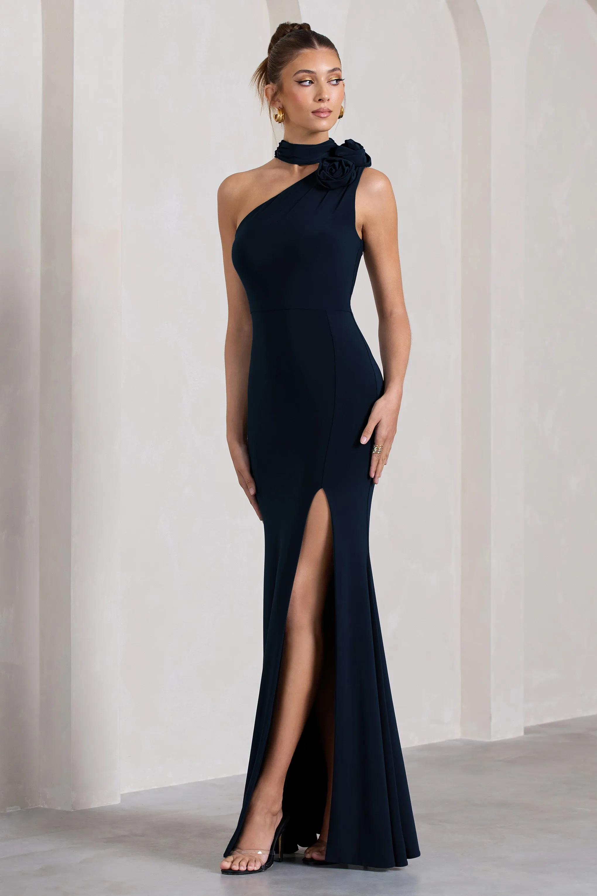 In Suspense | Navy One Shoulder Halter-Neck Split Maxi Dress With Flower Club L London