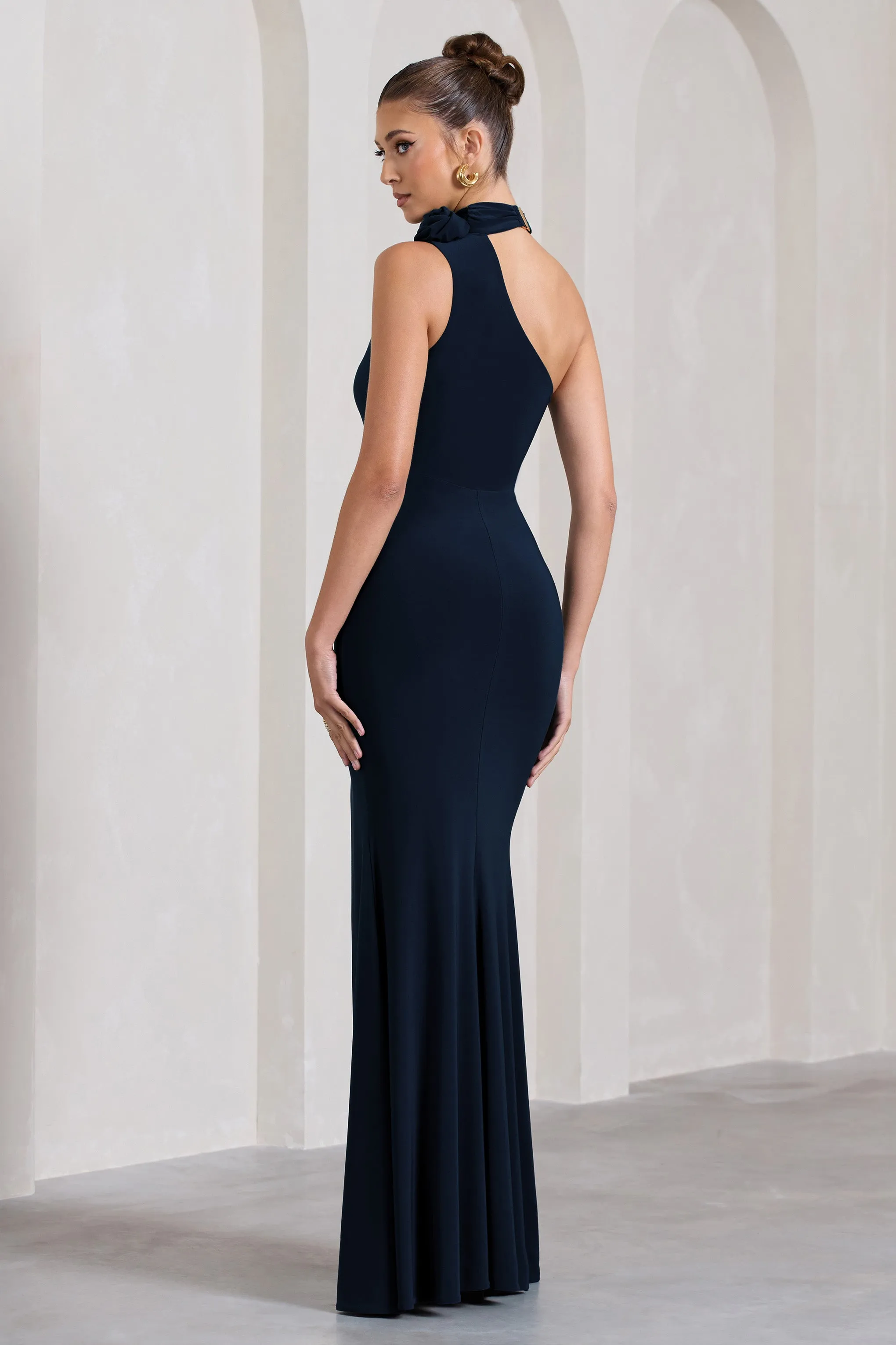 In Suspense | Navy One Shoulder Halter-Neck Split Maxi Dress With Flower Club L London